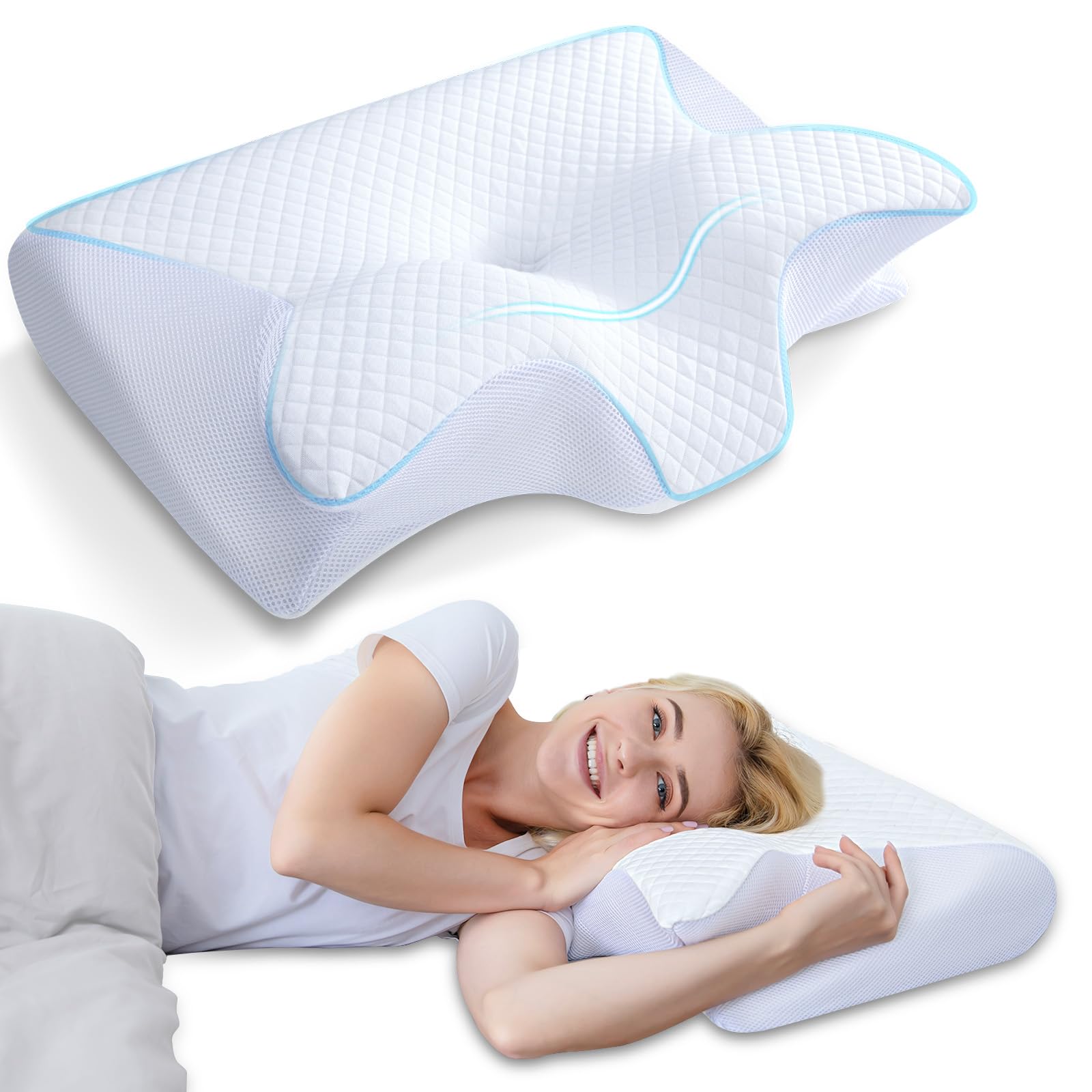 Memory Foam Cervical Pillow, 2 in 1 Ergonomic Contour Orthopedic Pillow for Neck Pain