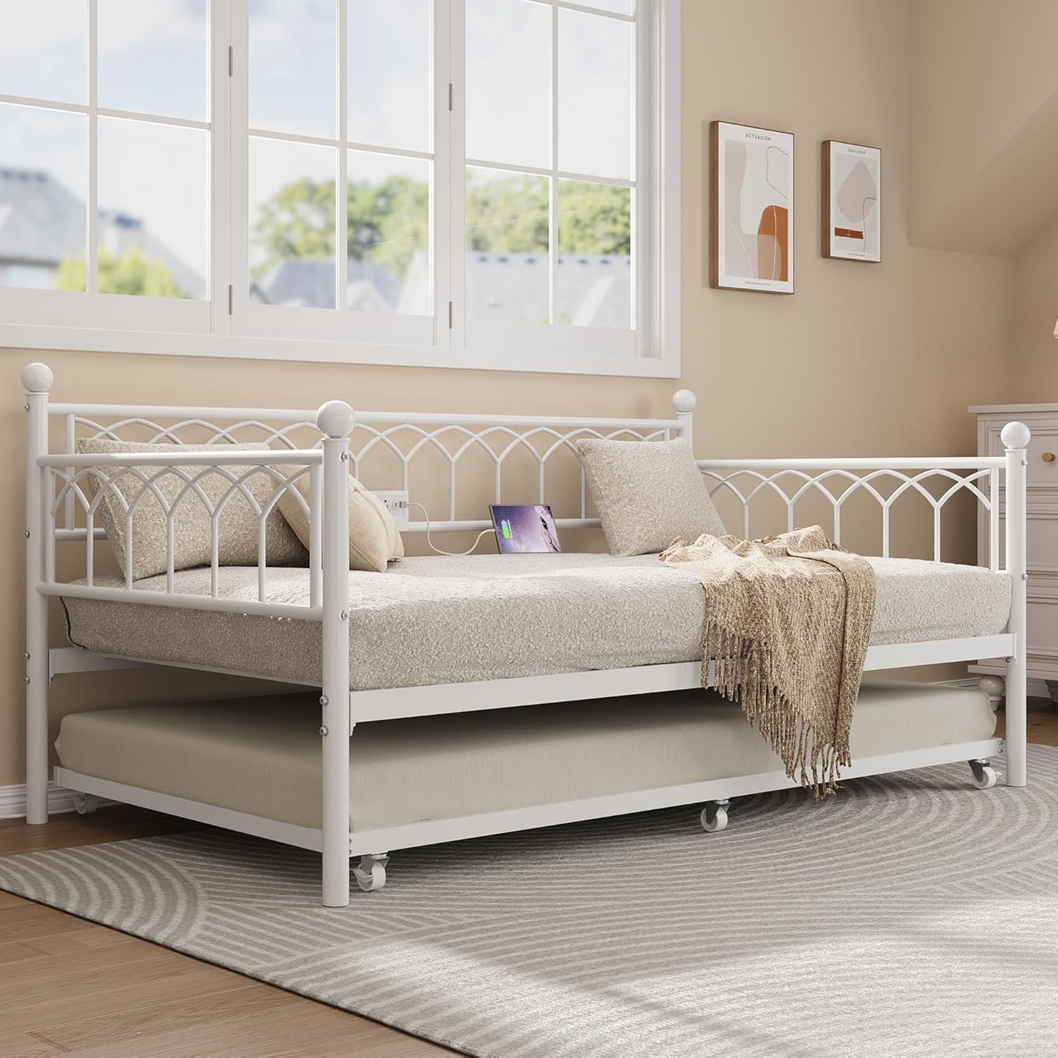 GAOMON Twin Size Daybed Frame with Trundle, Heavy Duty Metal Platform Sofa Bed Frame with Charging Station and LED Lights for Small Spaces, Living Room, Bedroom, Apartment - White