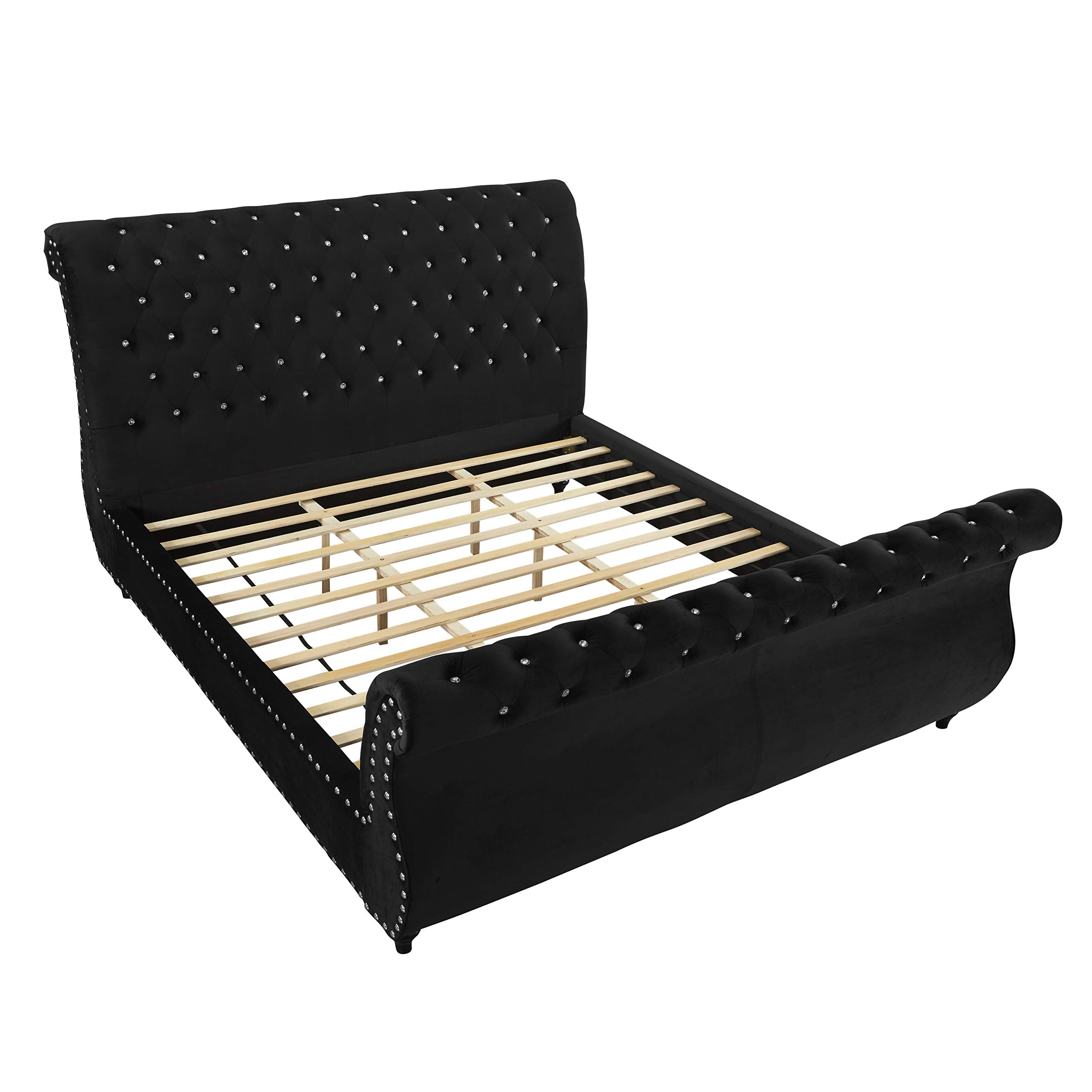 Evora Black Velvet Upholstered Crystal Button Tufted Sleigh Bed, Queen Size