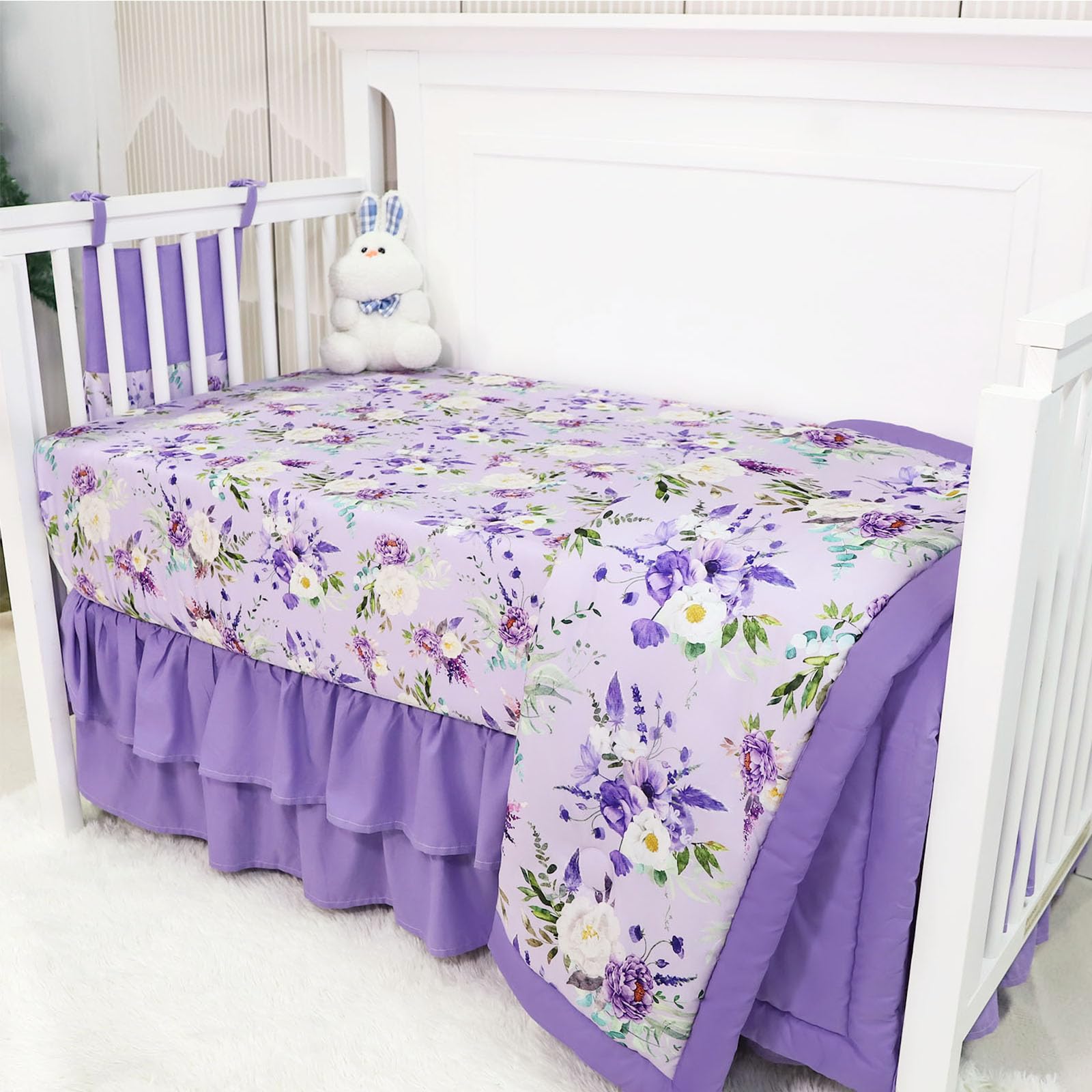 Crib Bedding Set for Girls, Purple Baby Crib Bedding Set 4 Piece