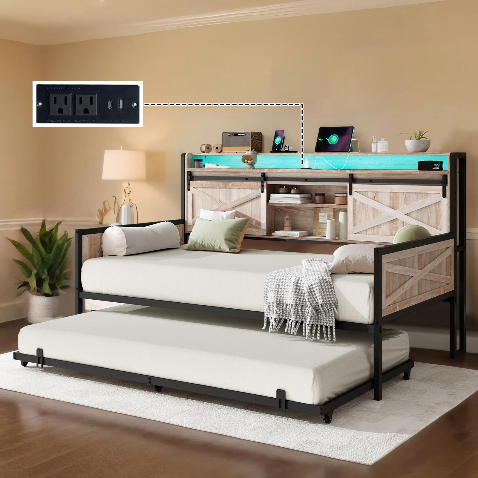 Daybed with Trundle, Farmhouse Daybed Frame with Sliding Barn Door