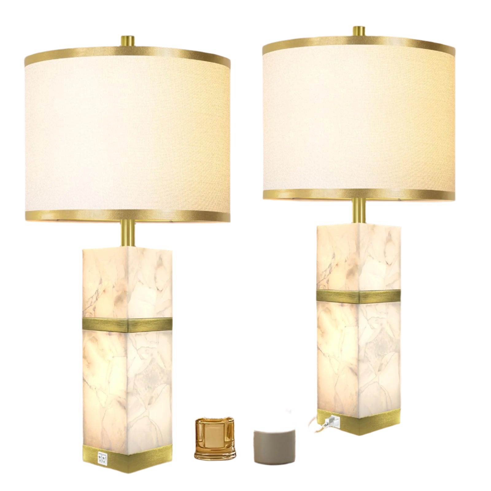 Alabaster Table Lamps Set of 2 - Table Lamp with Night Light for Bedroom,Nightstand