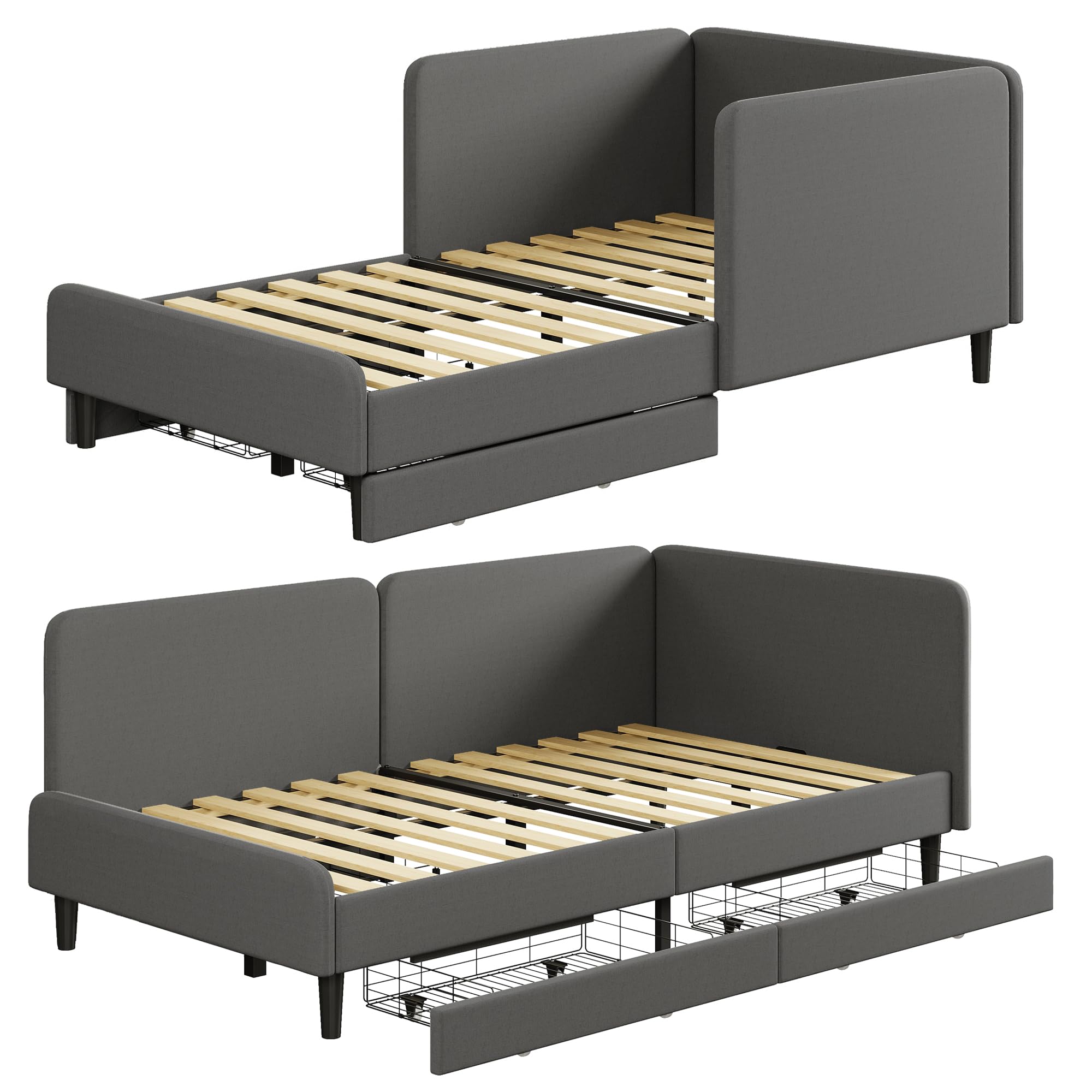 Daybed with Headboard, Corner Bed Frame with Bed Rails and Storage