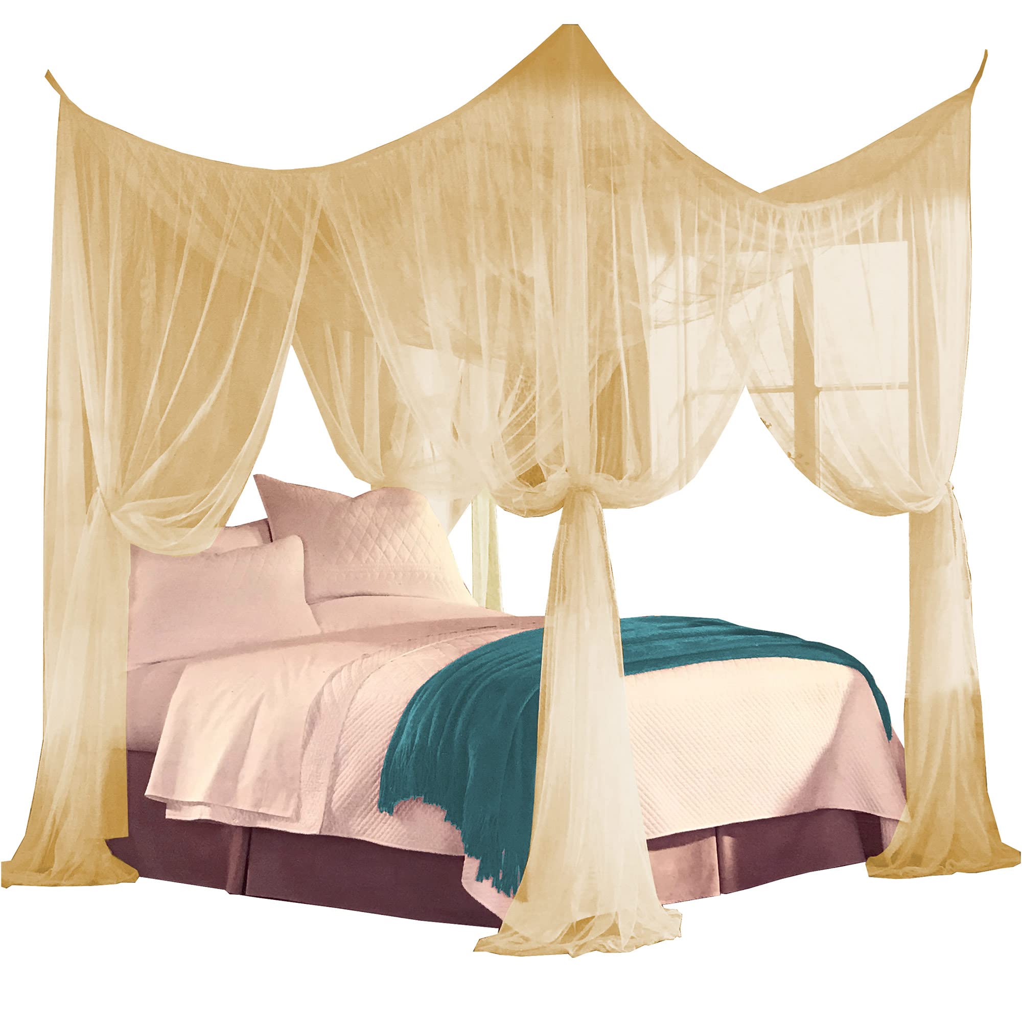 Four Corner Post Decorative Elegant Bed Net Canopy Set, Beige, Full/Queen/King