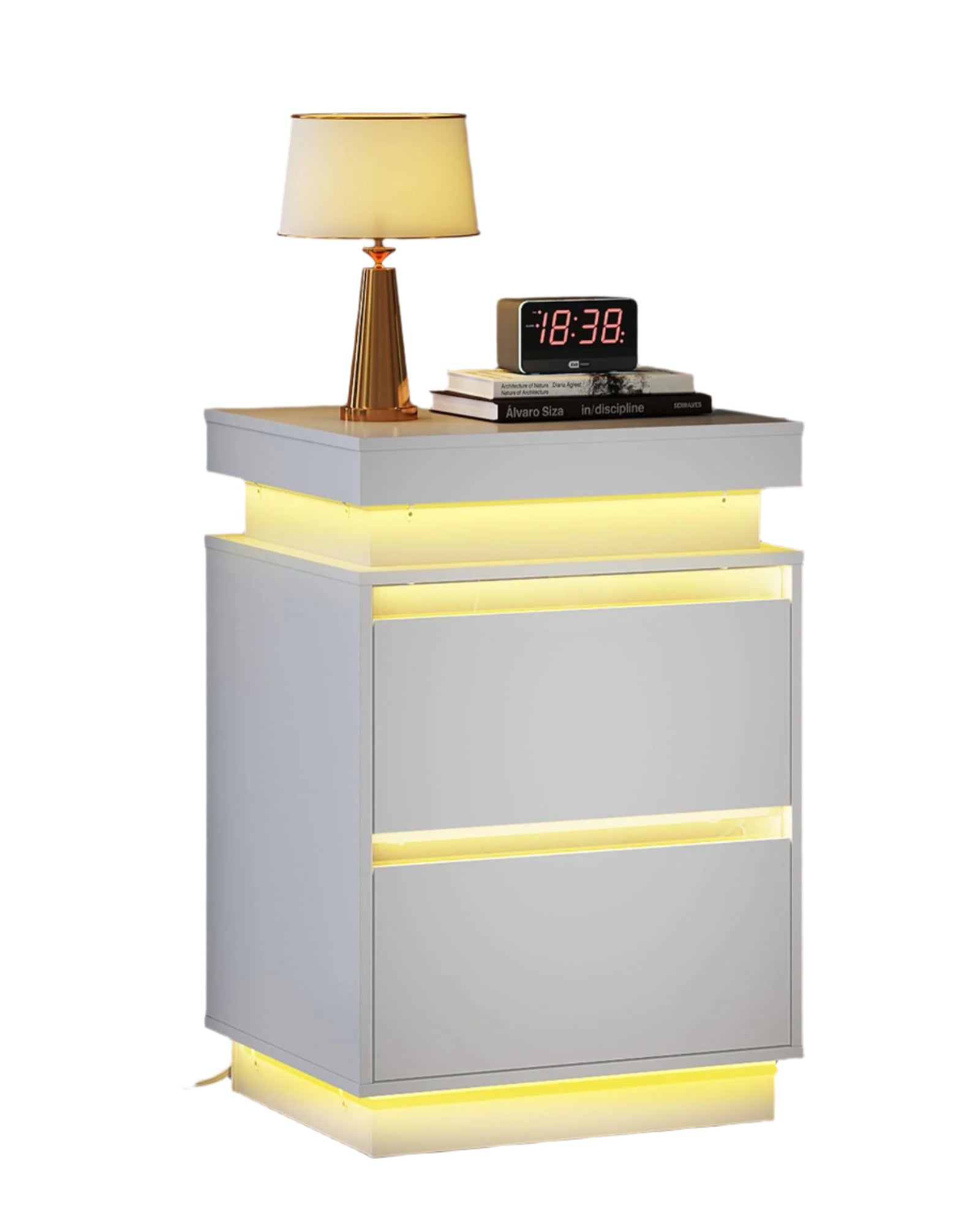 White Nightstand with Charging Station and LED Lights