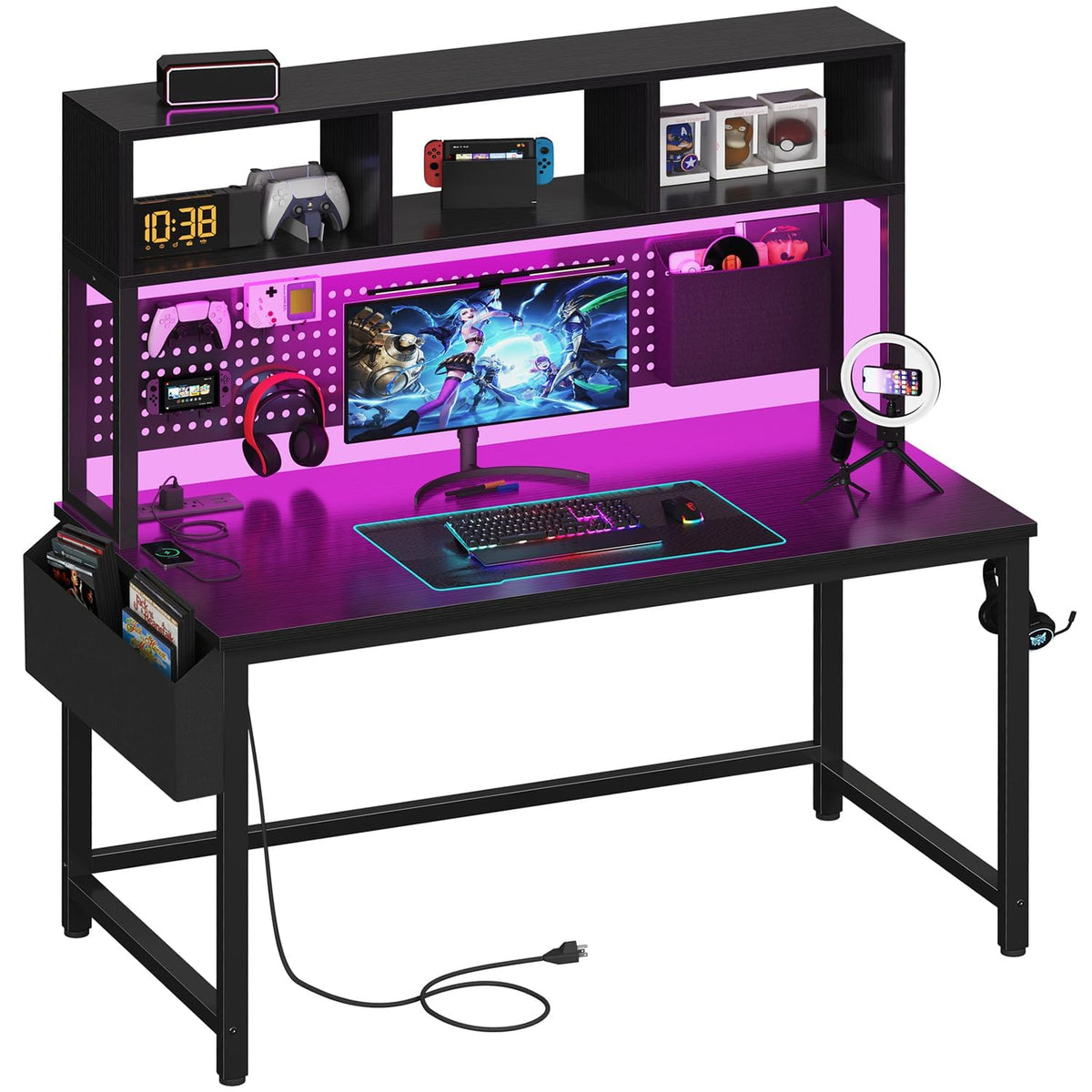 47" Gaming Desk with Hutch, Pegboard & Power Outlets