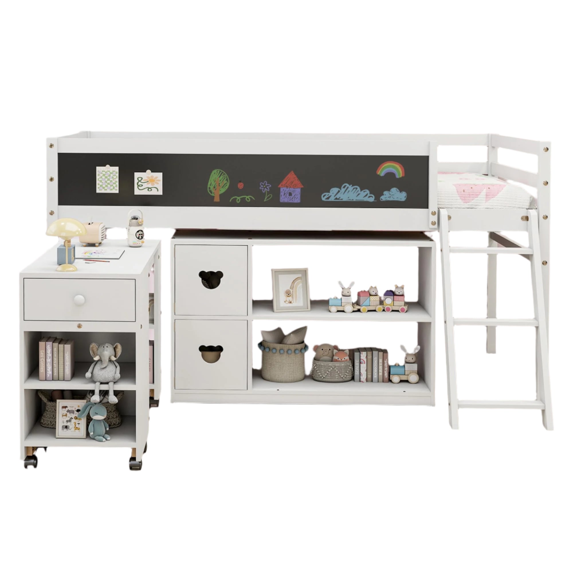 Loft Bed with Desk, Solid Wood Twin Low Loft Bed with Storage