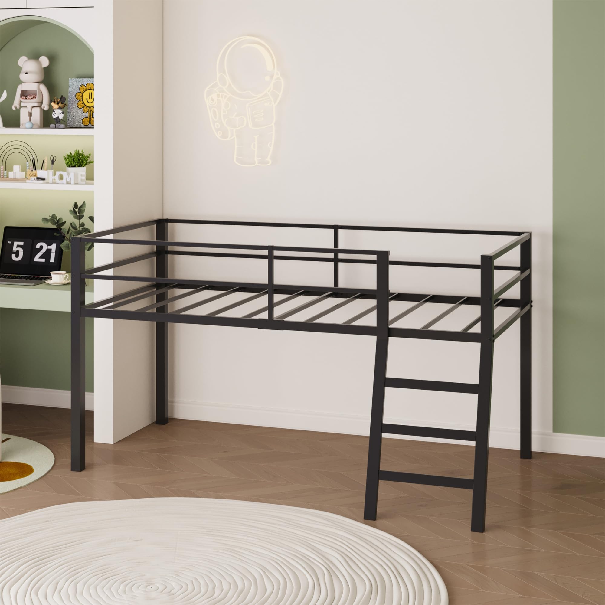 Low Loft Bed Twin Size, Junior Metal Twin Loft Bed with Stairs and Safety Guard