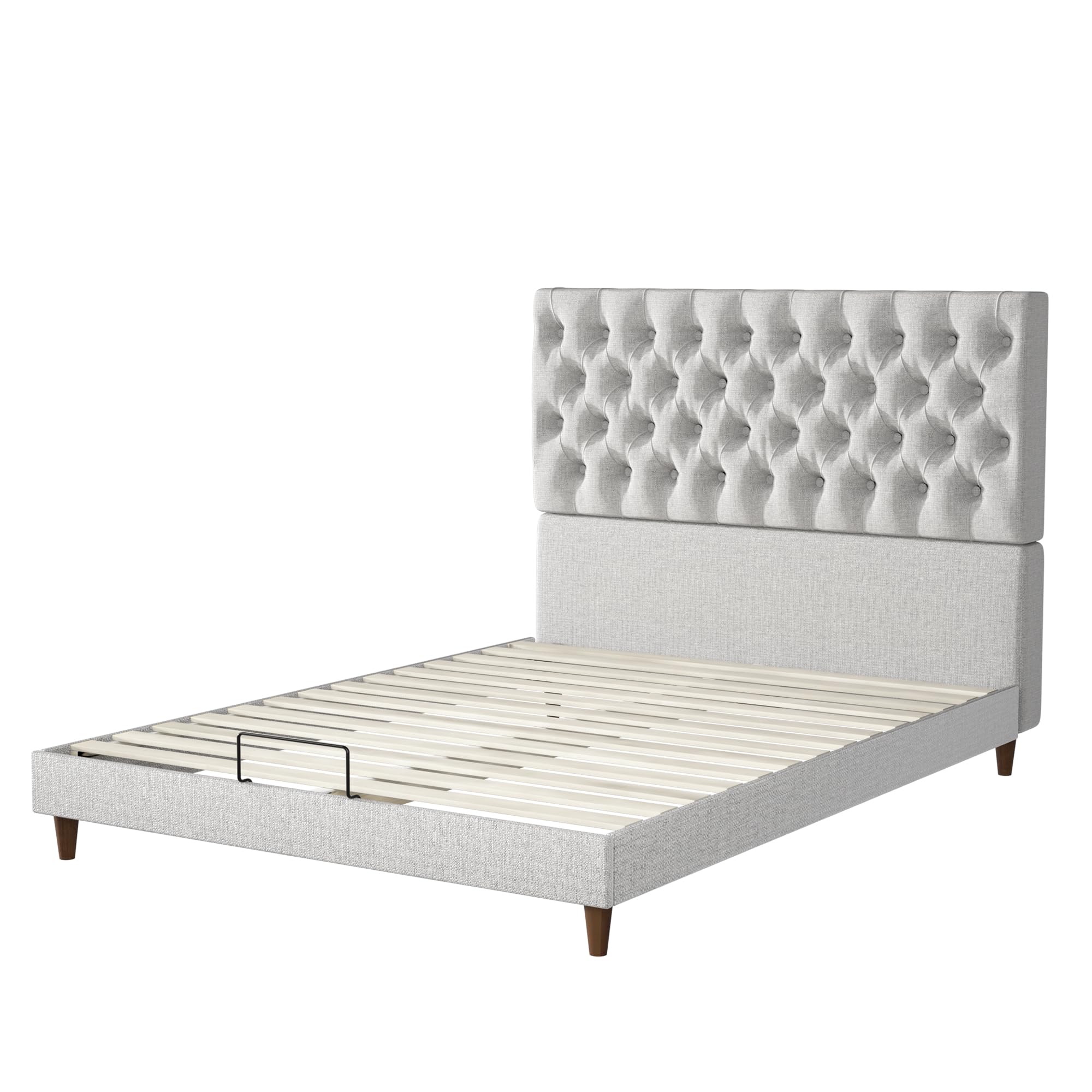 Solid Wood King Size Bed Frame with High-Back Tufted Upholstered Headboard