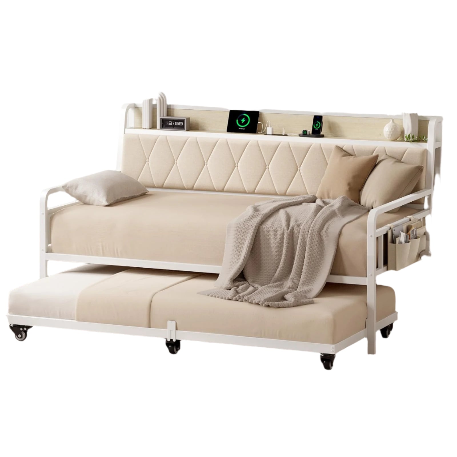 Twin Daybed with Trundle, Metal Day Bed Frame with Ergonomic Upholstered Headboard