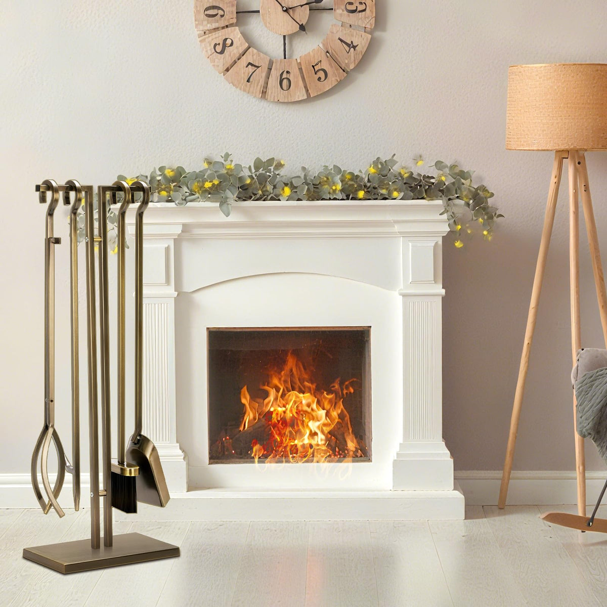5-Piece Wrought Iron Fireplace Tool Set with Stand – Antique Bronze, 29"