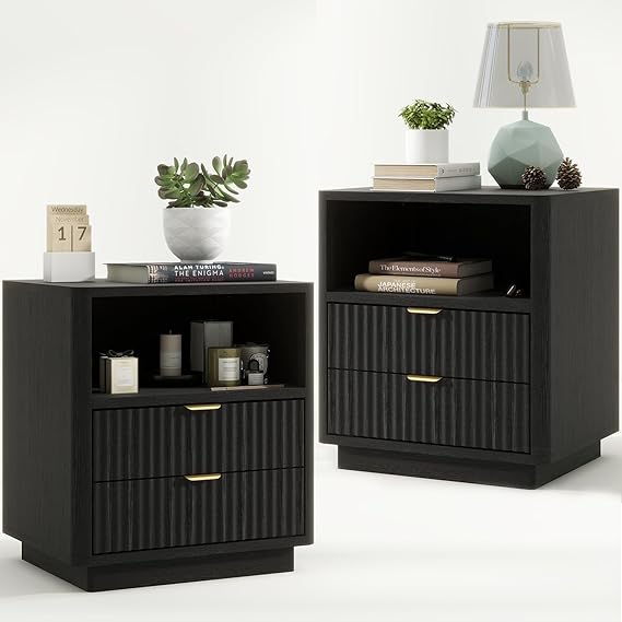 Fluted Night Stand Set of 2, Large Nightstand with Drawers and Storage Shelf