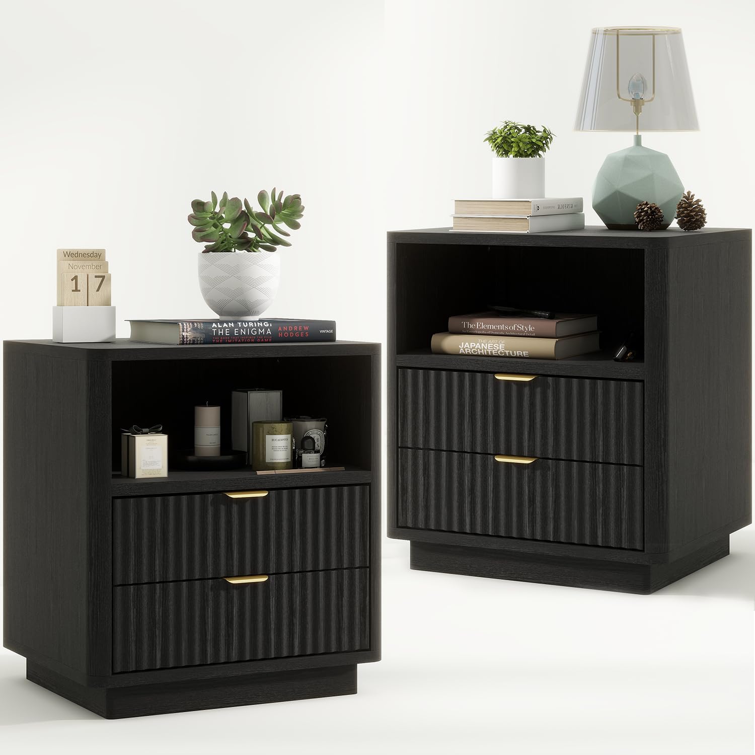 Nightstands Set of 2, Black Night Stands with 2 Drawers and Open Shelves