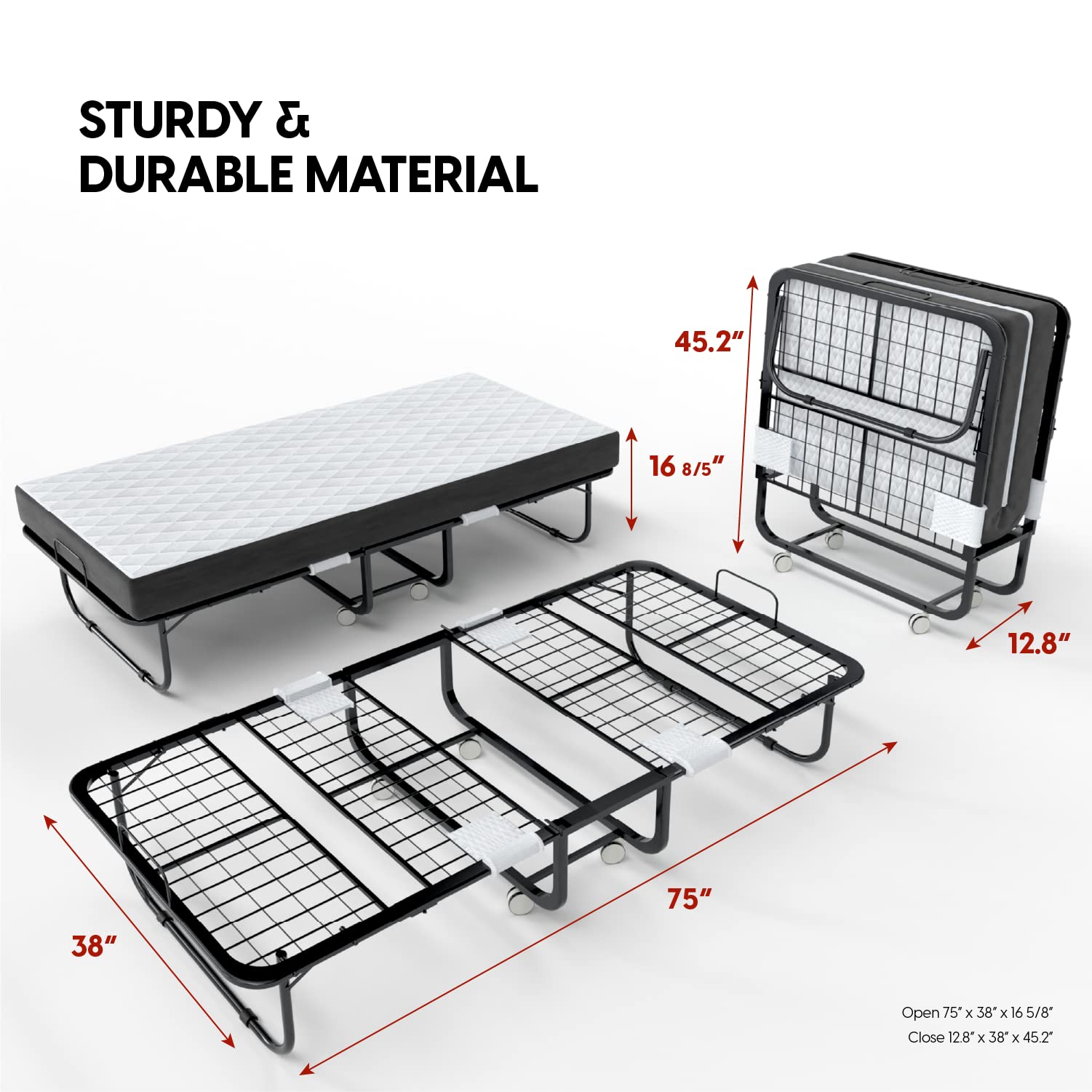 Folding Bed with Mattress - 75x38 Twin Size Frame - Portable Rollaway