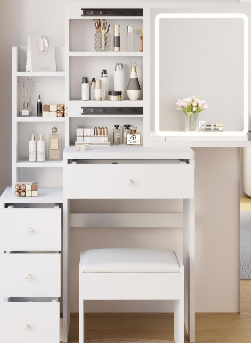 Vanity Desk Set with LED Lights and Chair, Compact Vanity Desk with Storage Shelves