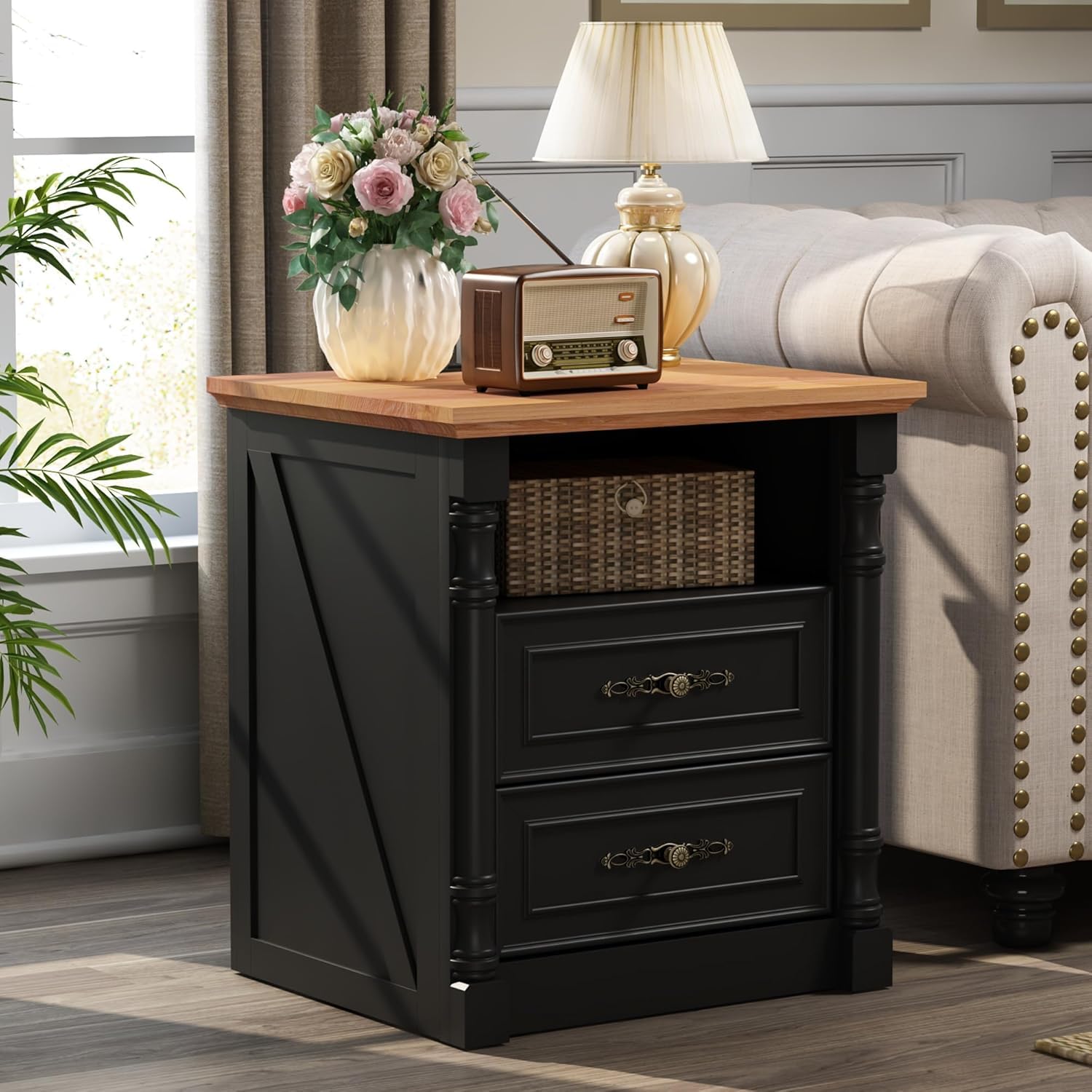 Farmhouse Nightstands Set of 2 with Charging Station, 22" Wide Wood Night Stand