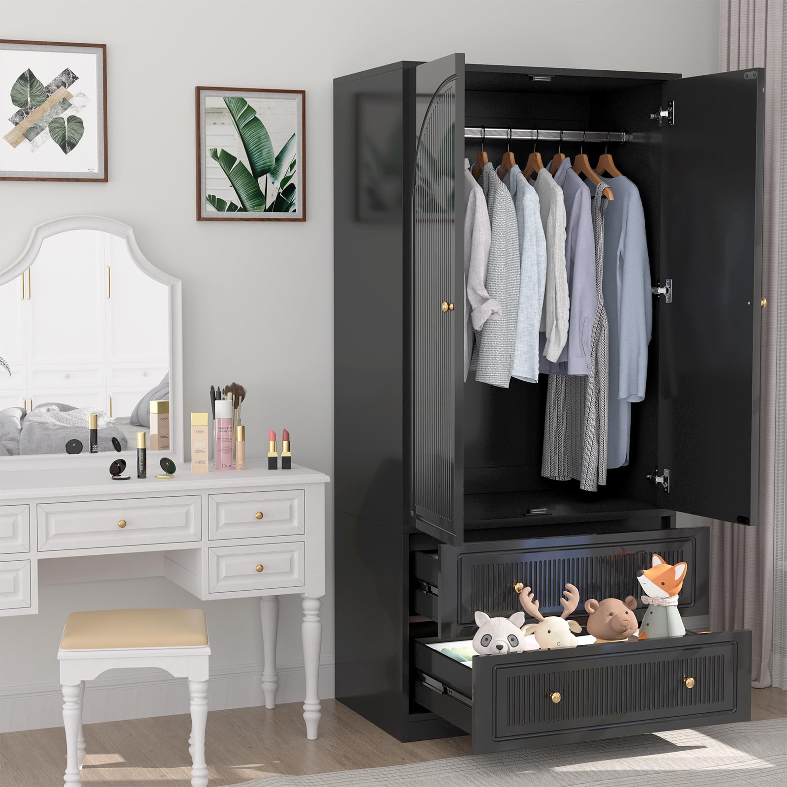 Wardrobe Closet with 2 Door & 2 Drawers, 71" Black Bedroom Wooden Armoire