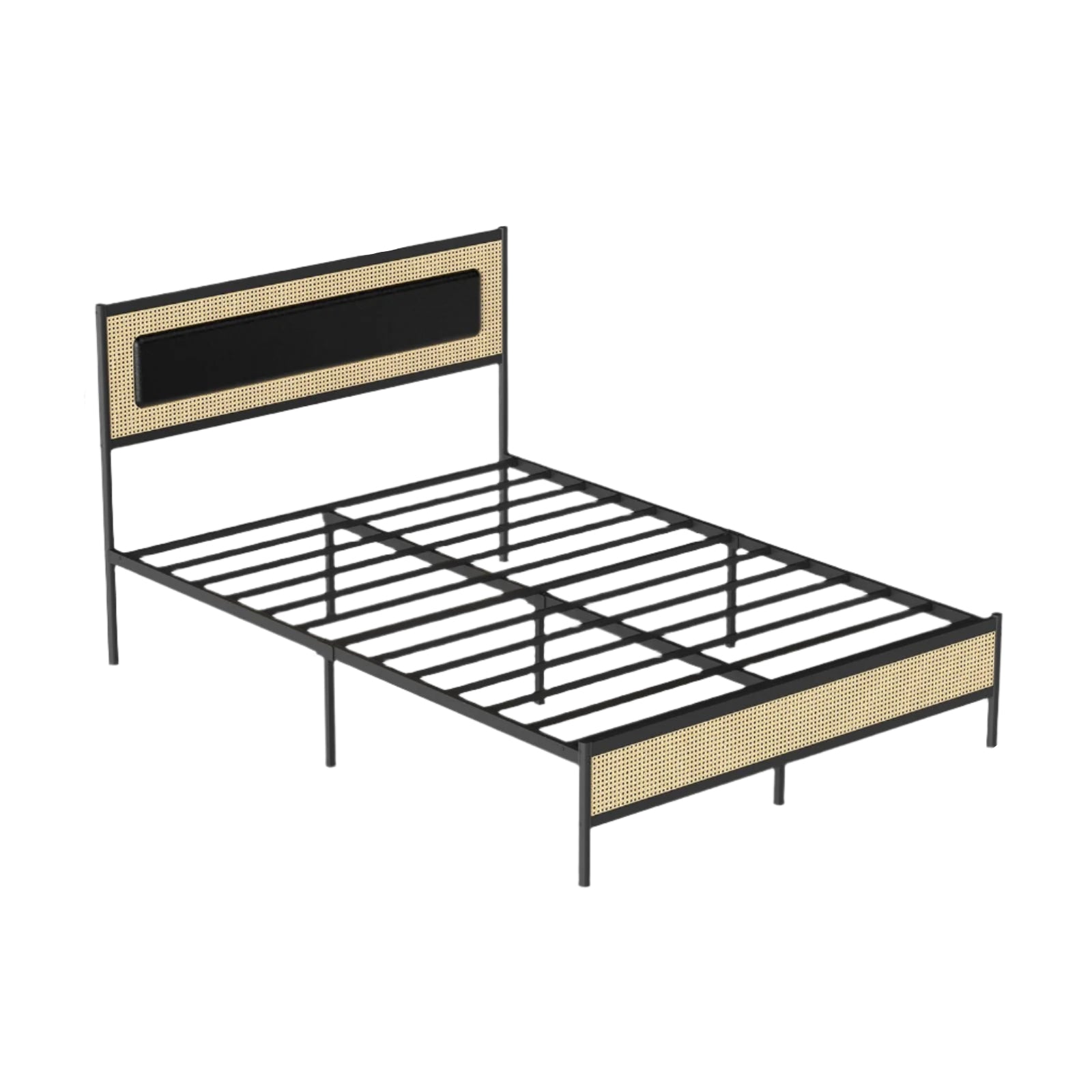 Rattan Style Bed Frame Full Size Metal Platform Frame with Soft Leather
