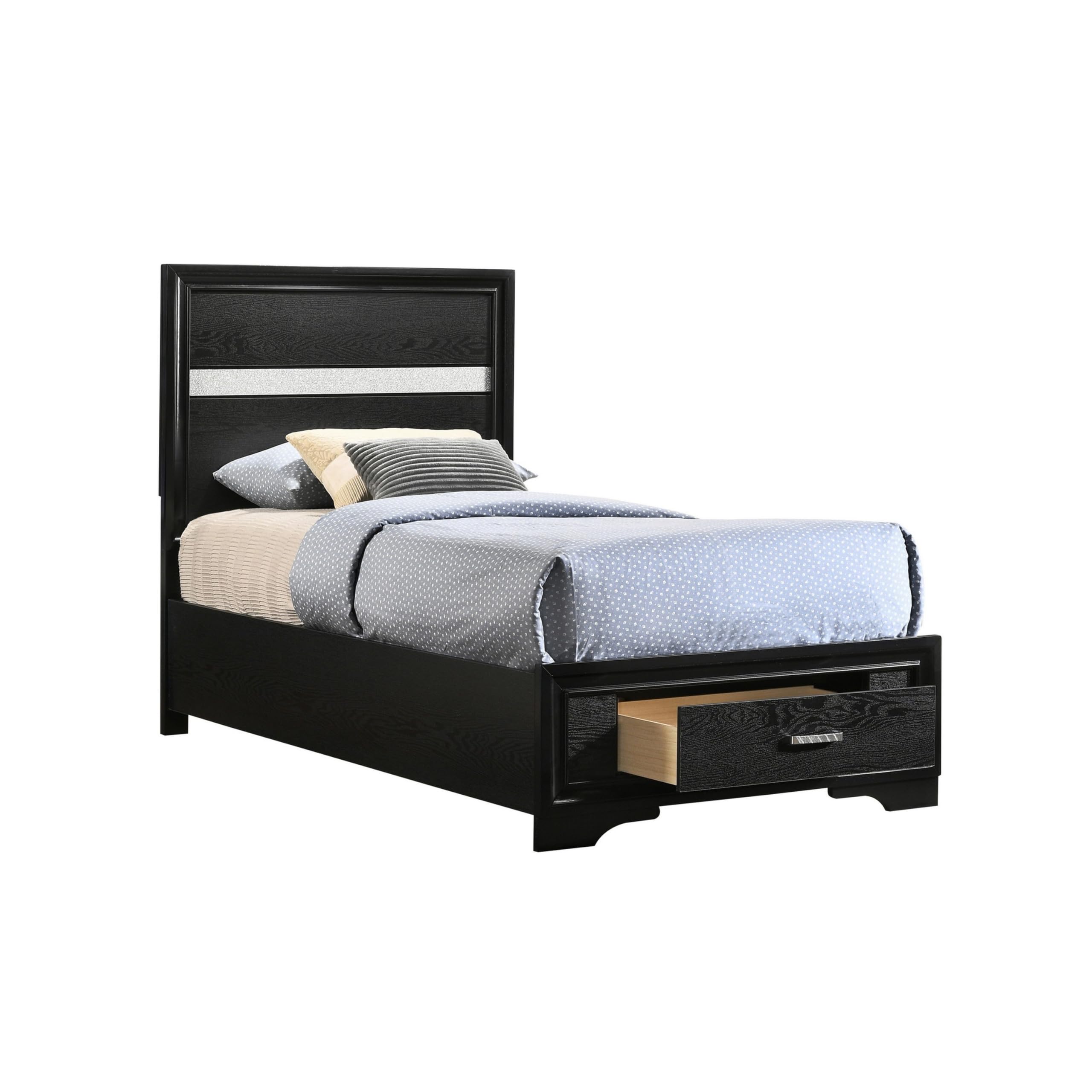 BM302770 Vino Twin Size Panel Bed with 2 Storage Drawers Acrylic Glitter & Black