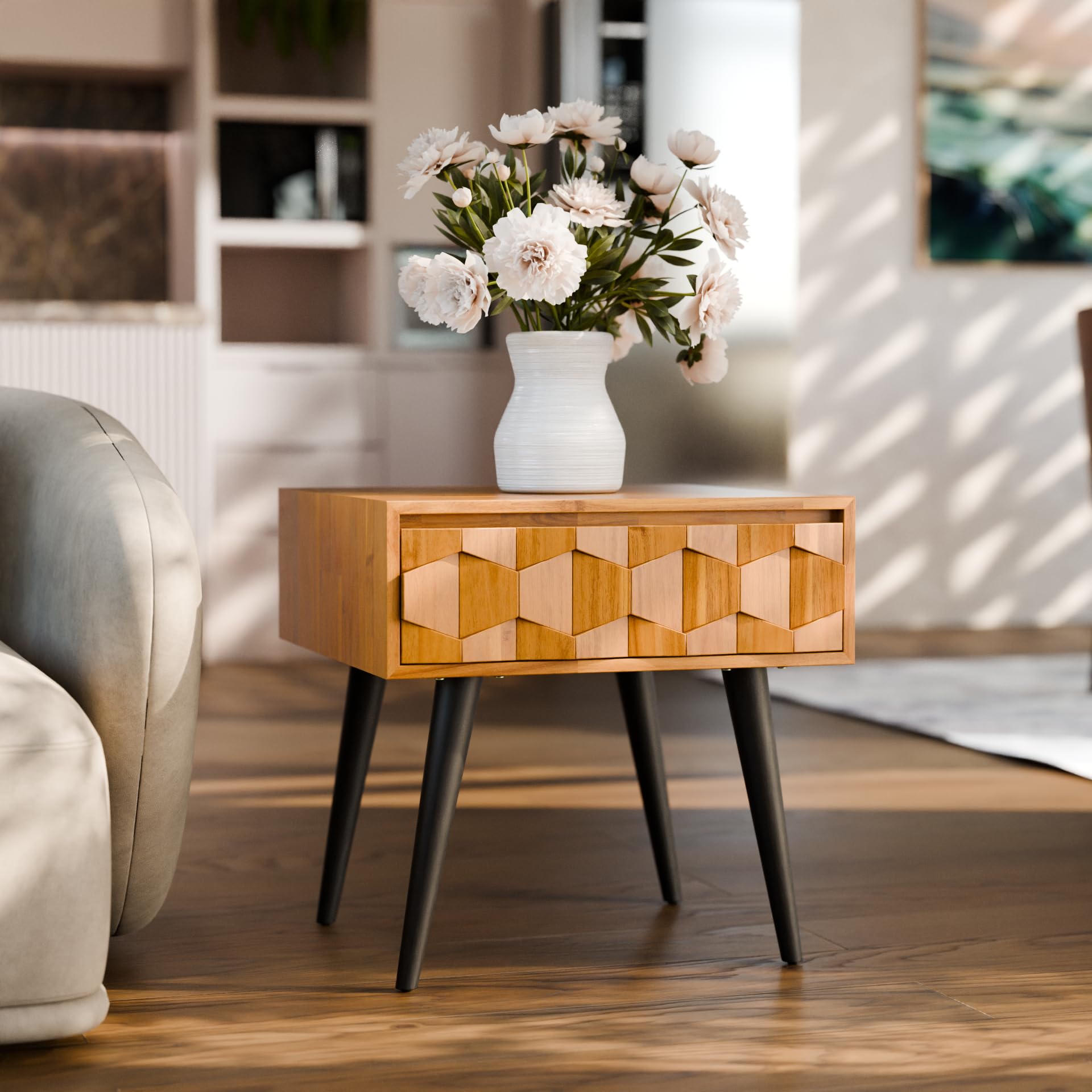 Georgina Solid Wood Nightstands with Drawers - Fully Assembled Rustic Geometric Pattern