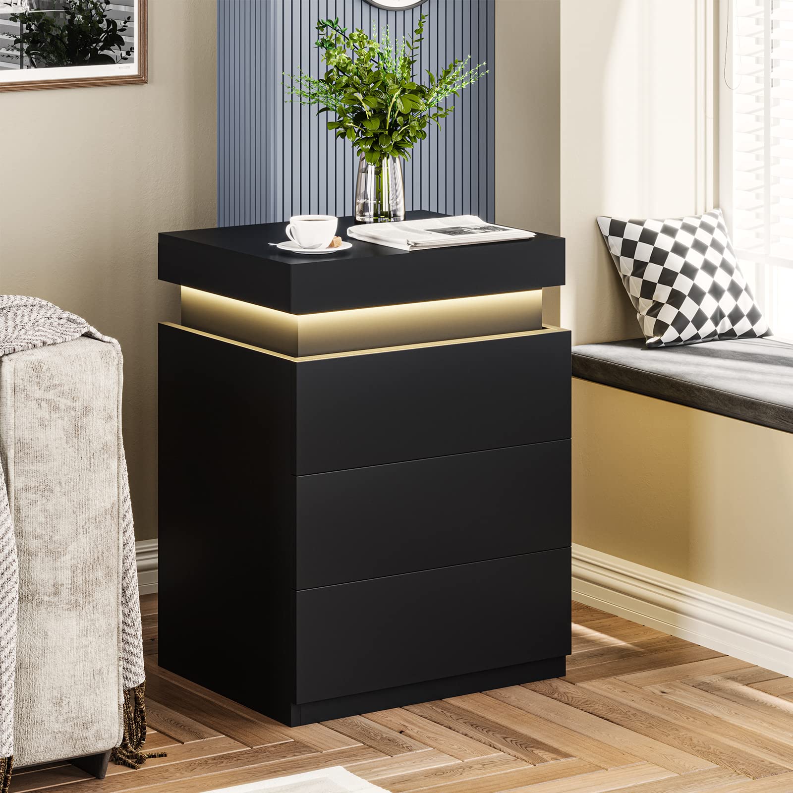 Nightstand with Charging Station and LED Lights,Night Stand with Sliding Top