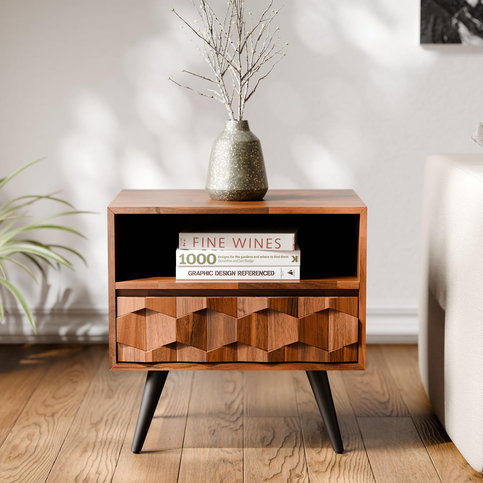 Georgina Solid Wood Nightstand with 1 Drawer & Open Shelf- Fully Assembled Mid Century