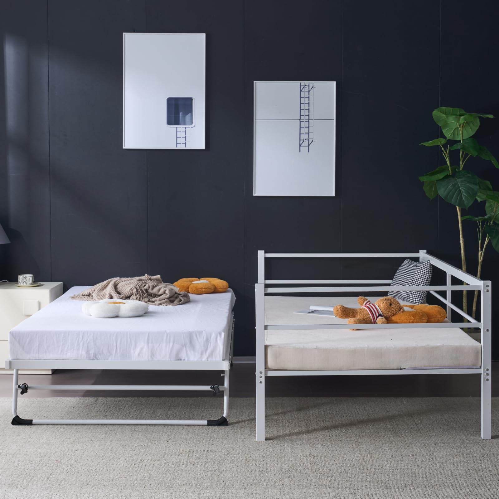 Pop Up Trundle, Heavy Duty Metal Twin Bed with Trundle, No Box Spring Needed, White