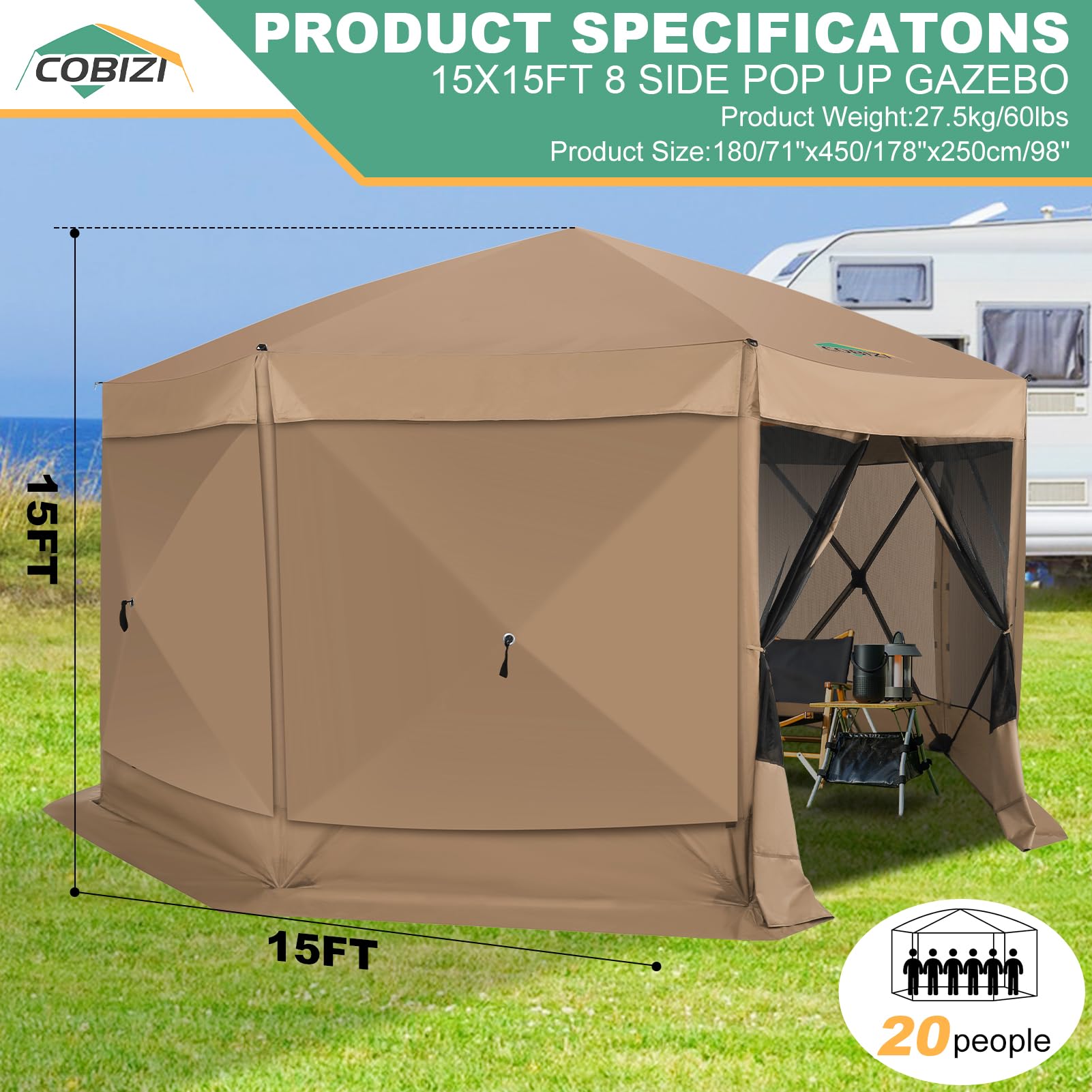 Extra Large Pop-Up Gazebo Canopy Tent with Mosquito Netting, Spacious