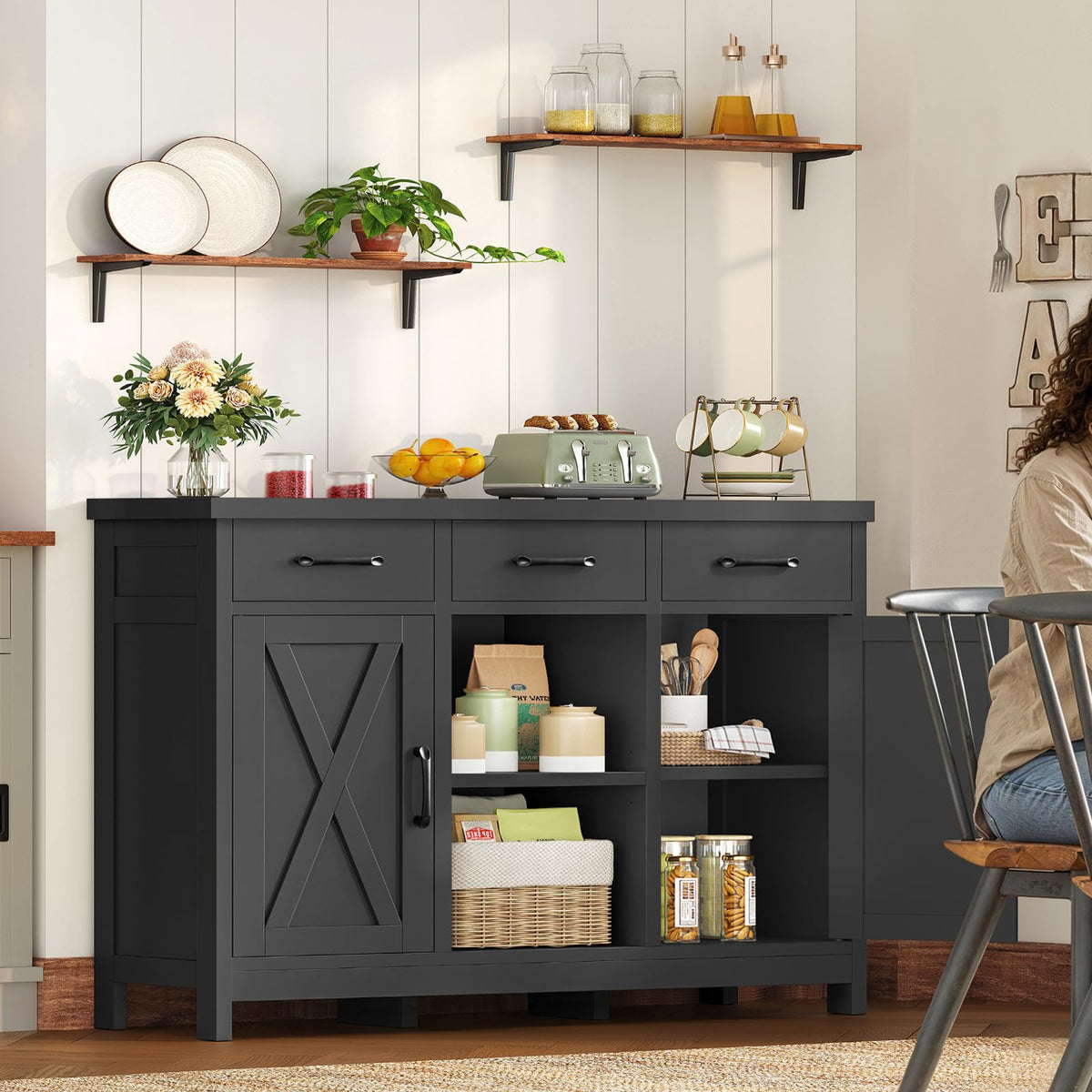 Farmhouse Coffee Bar Cabinet with 3 Drawers & Storage