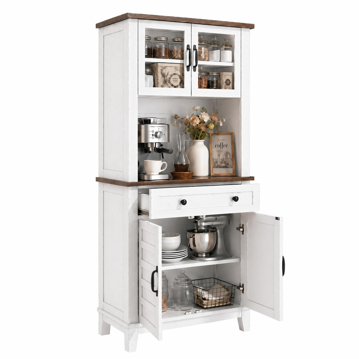 72" Farmhouse Kitchen Pantry Cabinet with Hutch & Glass Doors