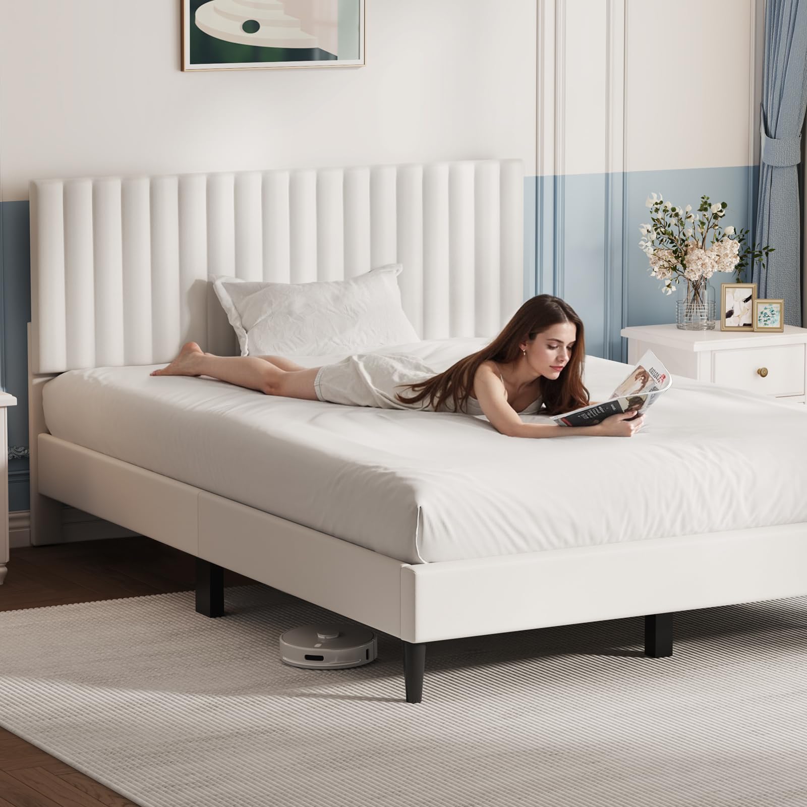 Queen Bed Frame with Upholstered Headboard, Velvet Platform Bed Frame