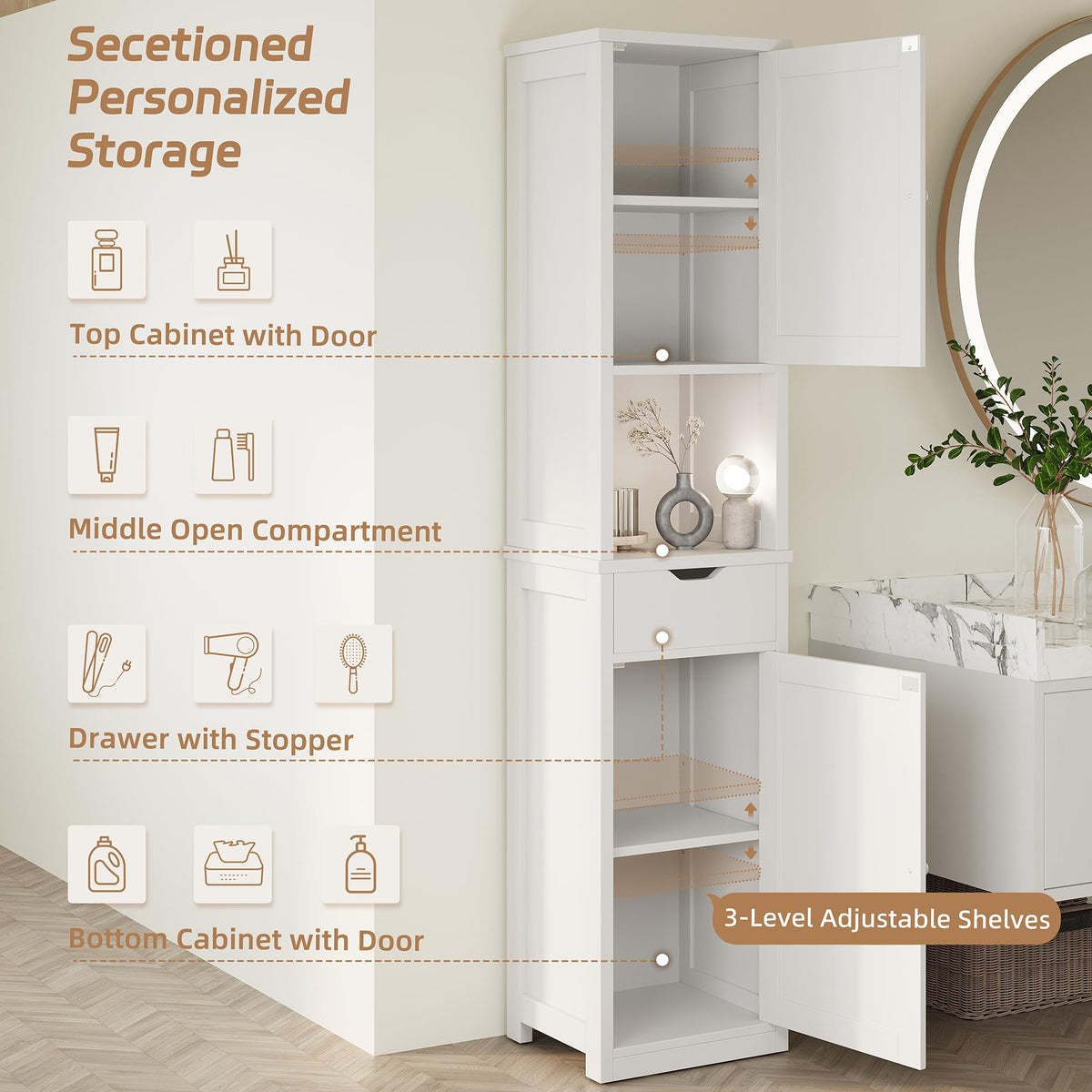 Tall Bathroom Storage Cabinet with Doors, Drawer & Adjustable Shelves