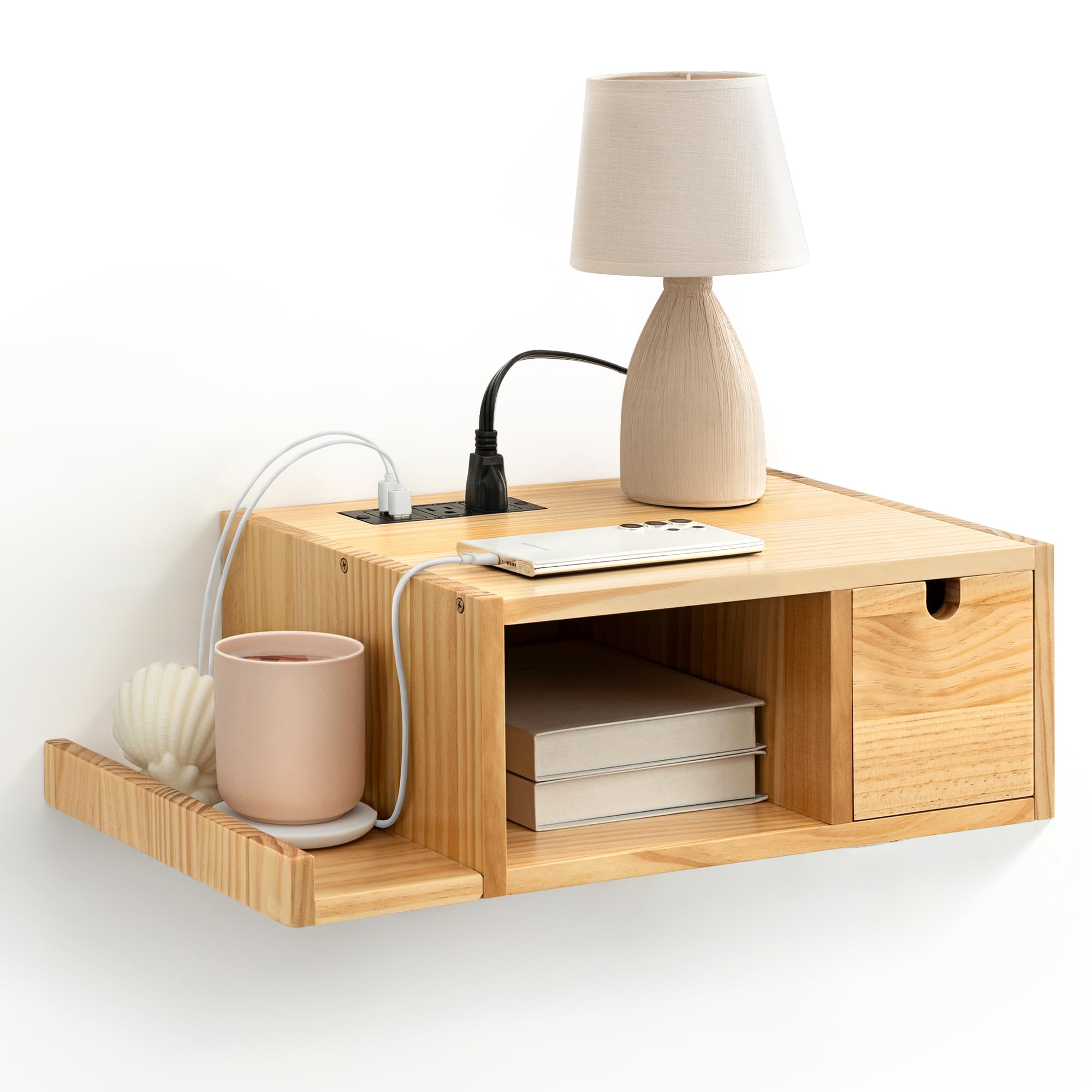 Floating Nightstand with Charging Station, Modern Night Stand
