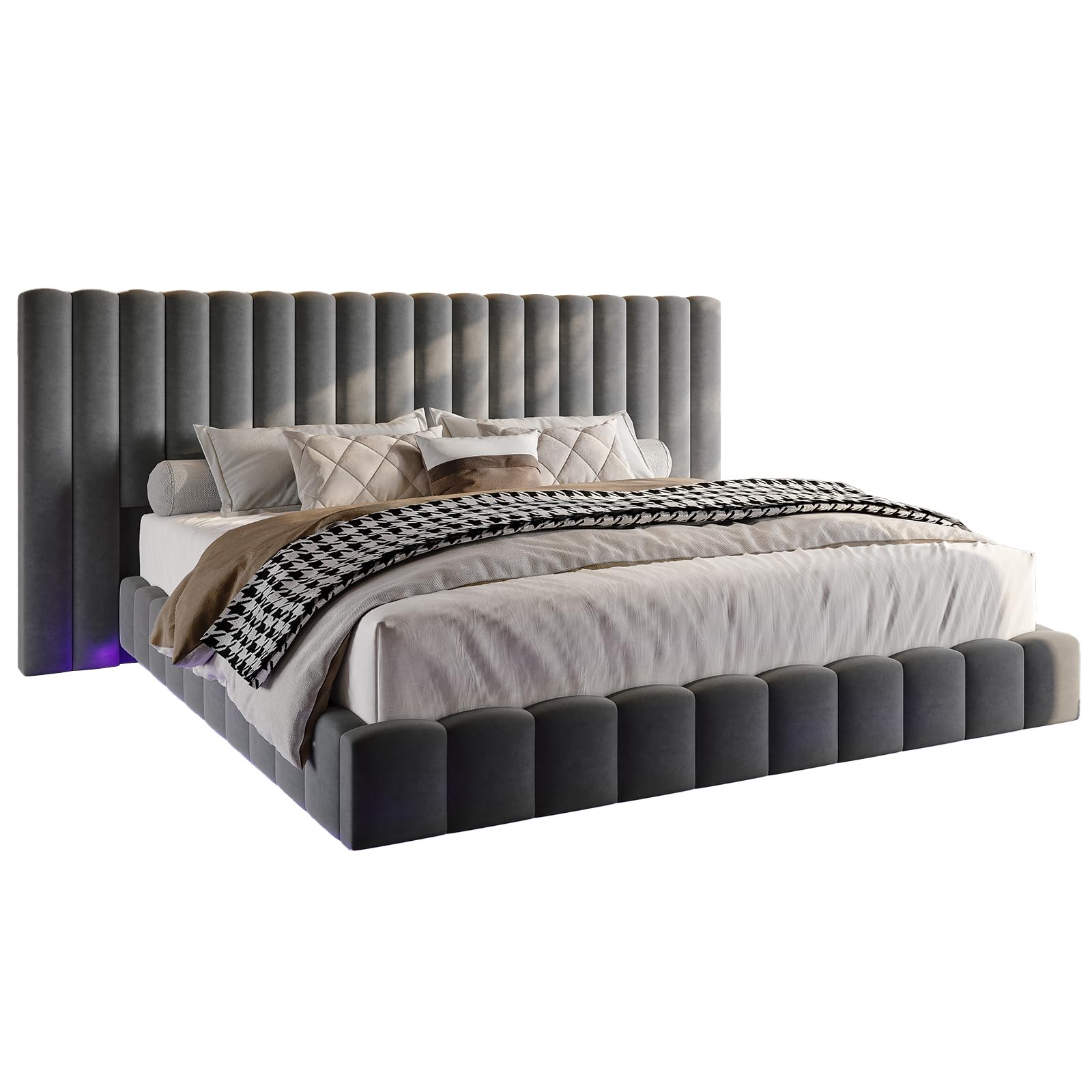 Queen Bed Frame with LED Lights and Upholstered Oversized Headboard