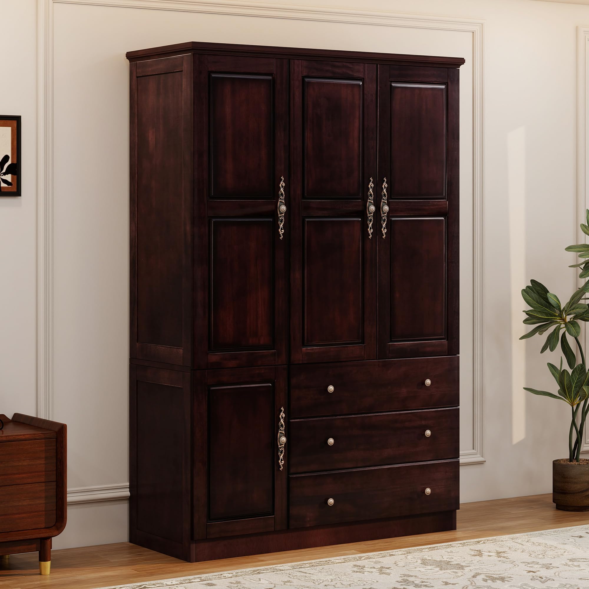 Solid Wood Armoire Wardrobe Closet with Walnut Finish, 47.52"W x 19.69"D x 70.87"H