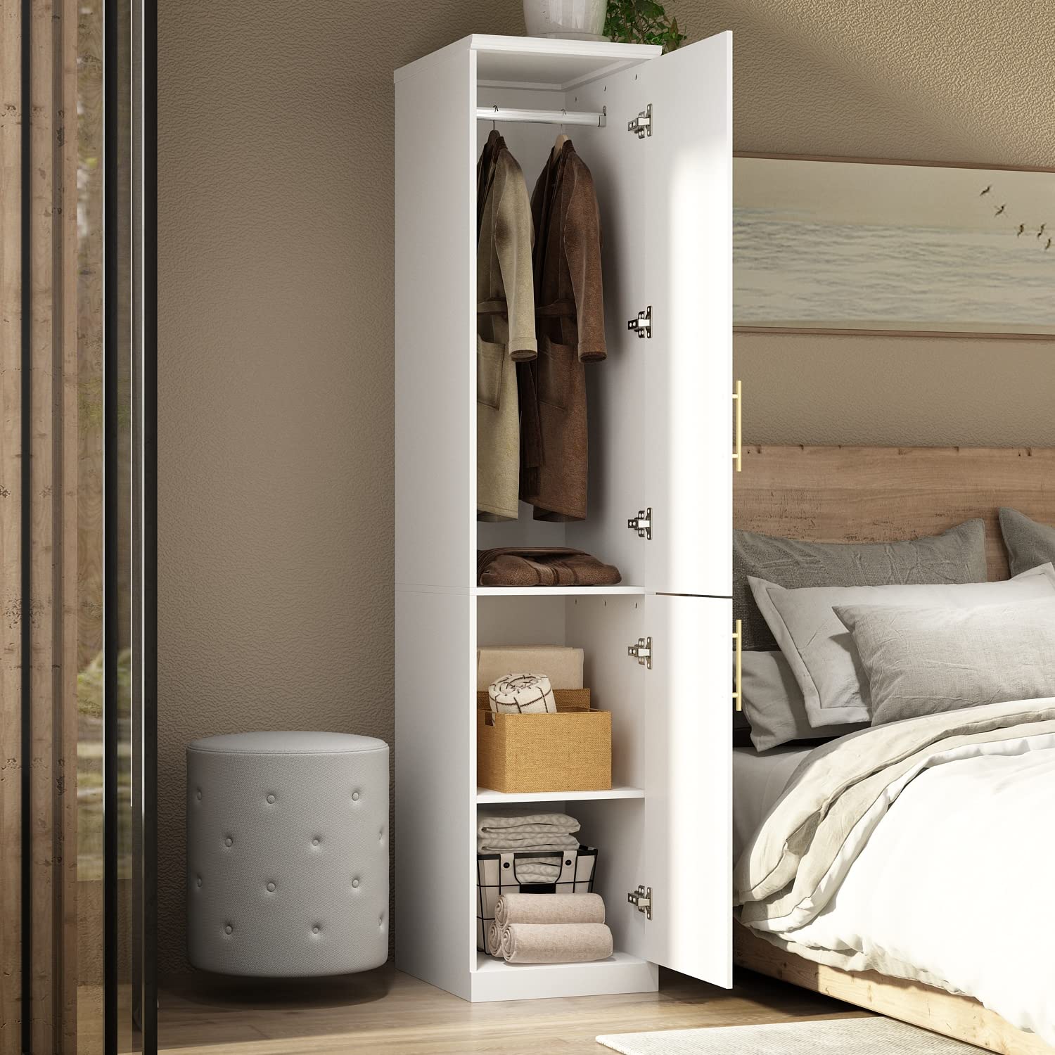 White Slim Wardrobe Armoire with 2 Doors, 3-Tier Shelves & Hanging Rod