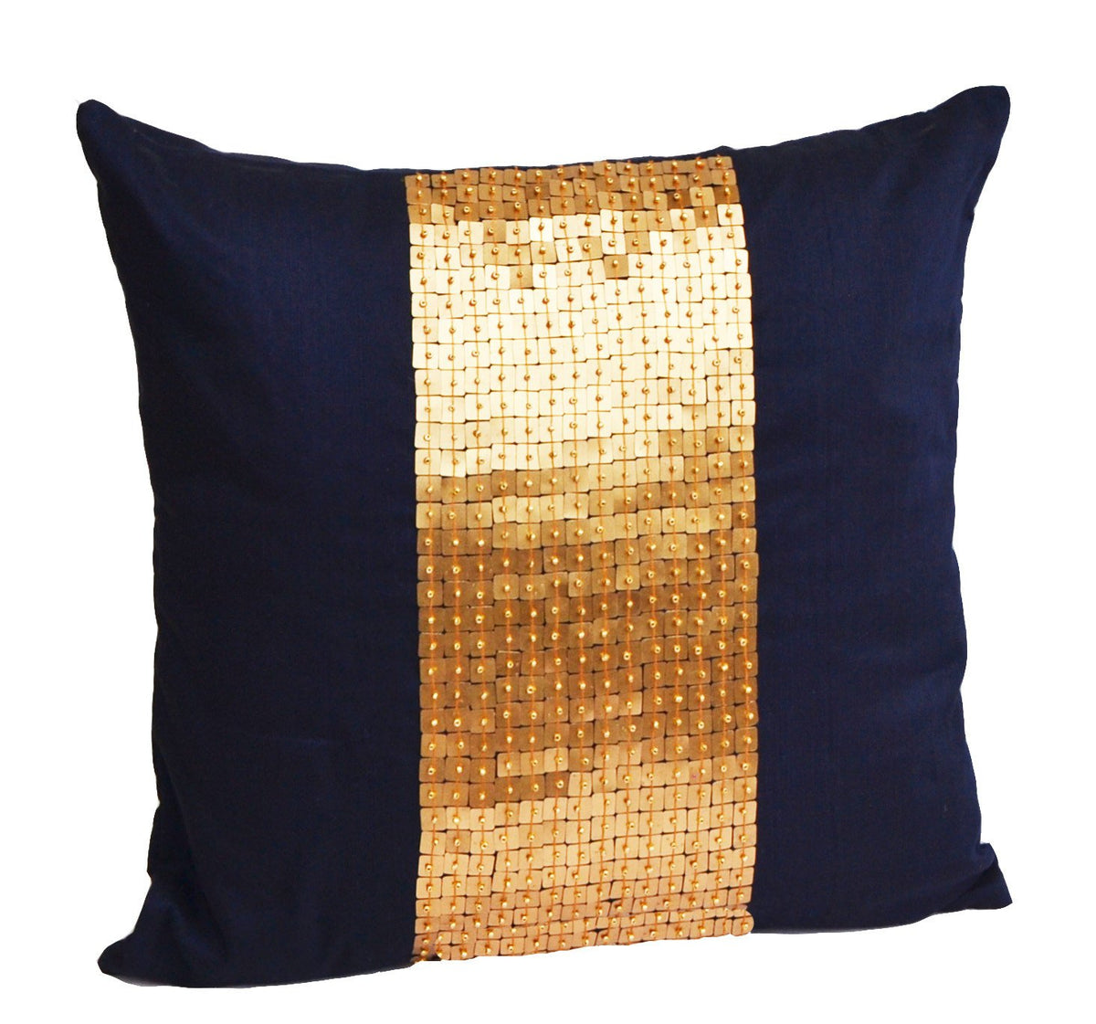 Navy Blue & Gold Sequin Beaded Throw Pillow Cover – Art Silk