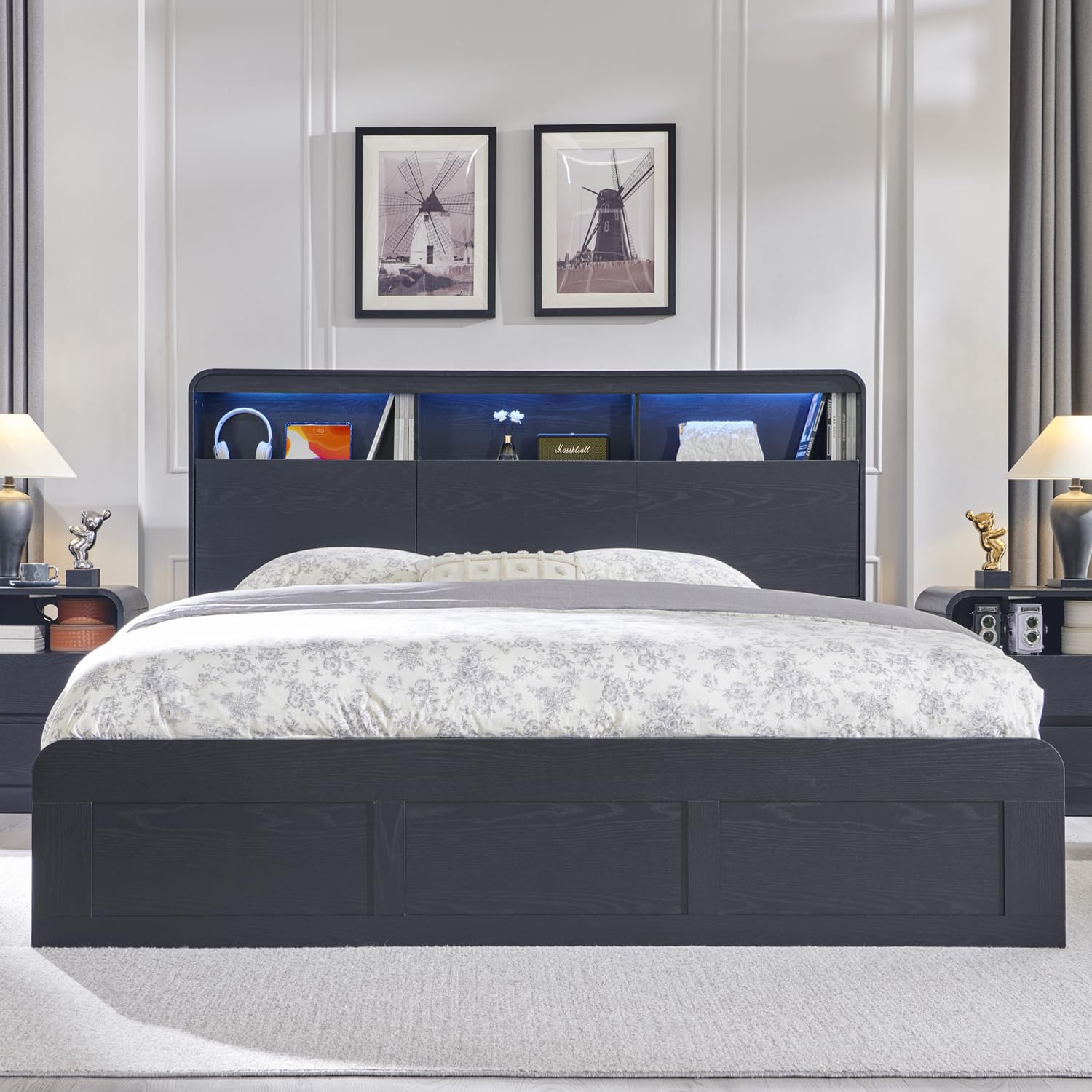 Modern King Size Bed Frame w/50 Tall Storage Headboard, Wood King Size Platform