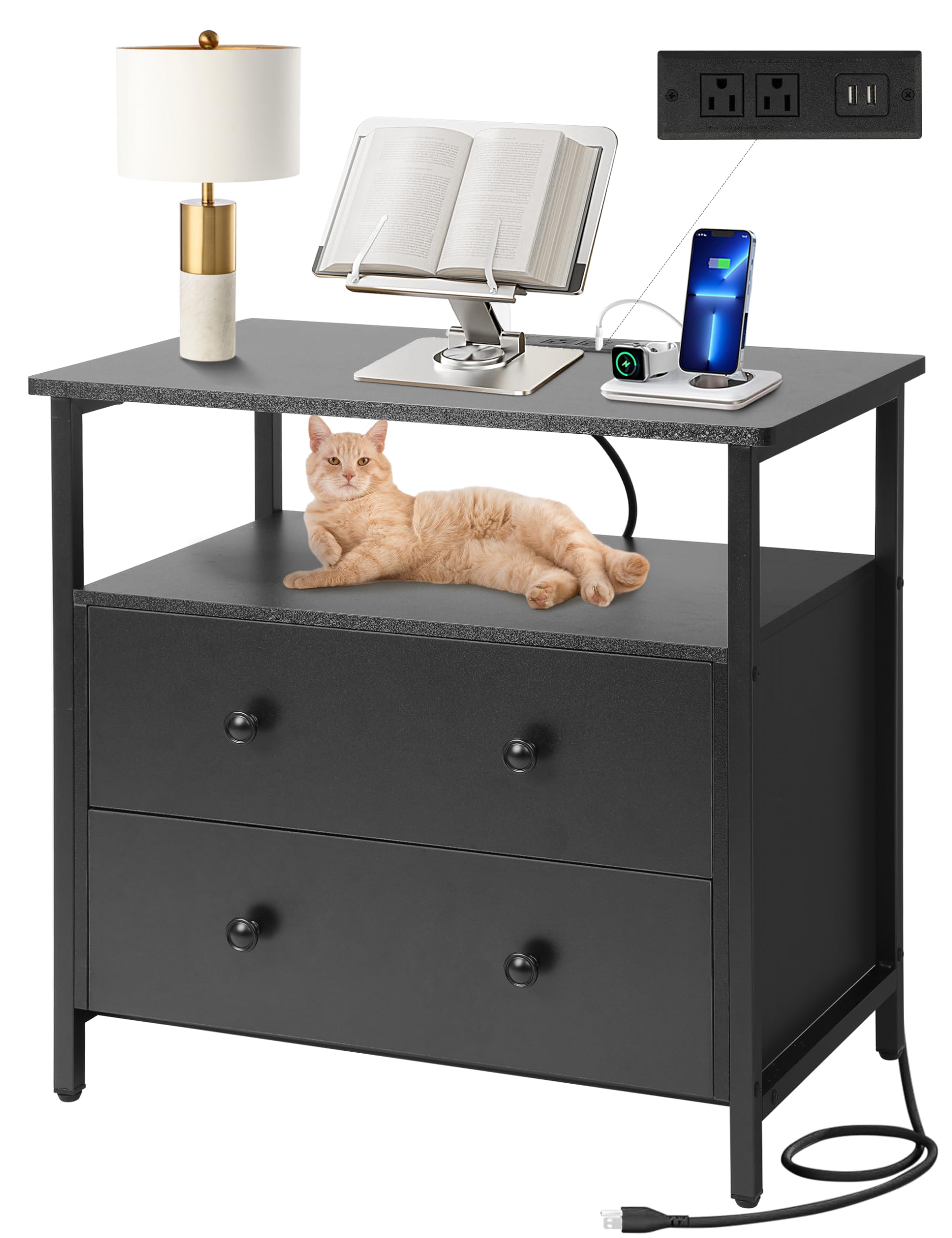 27 inch Wide Nightstand with Charging Station, Bedside Table with Open Shelf