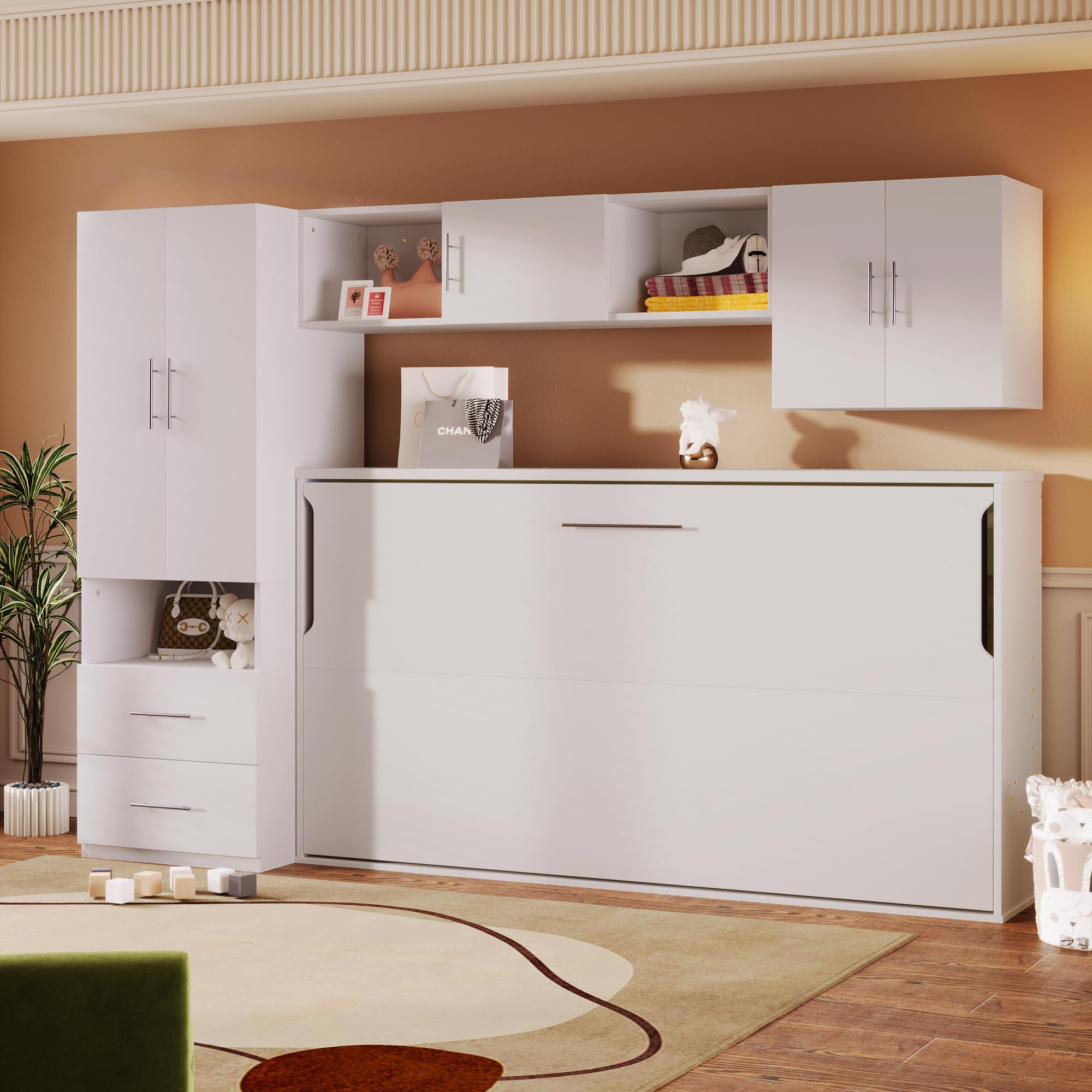 Bright Designs Twin Size Murphy Bed, Wooden Wall Bed Cabinet Combo,