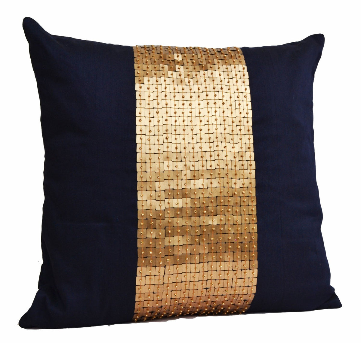 Navy Blue & Gold Sequin Beaded Throw Pillow Cover – Art Silk
