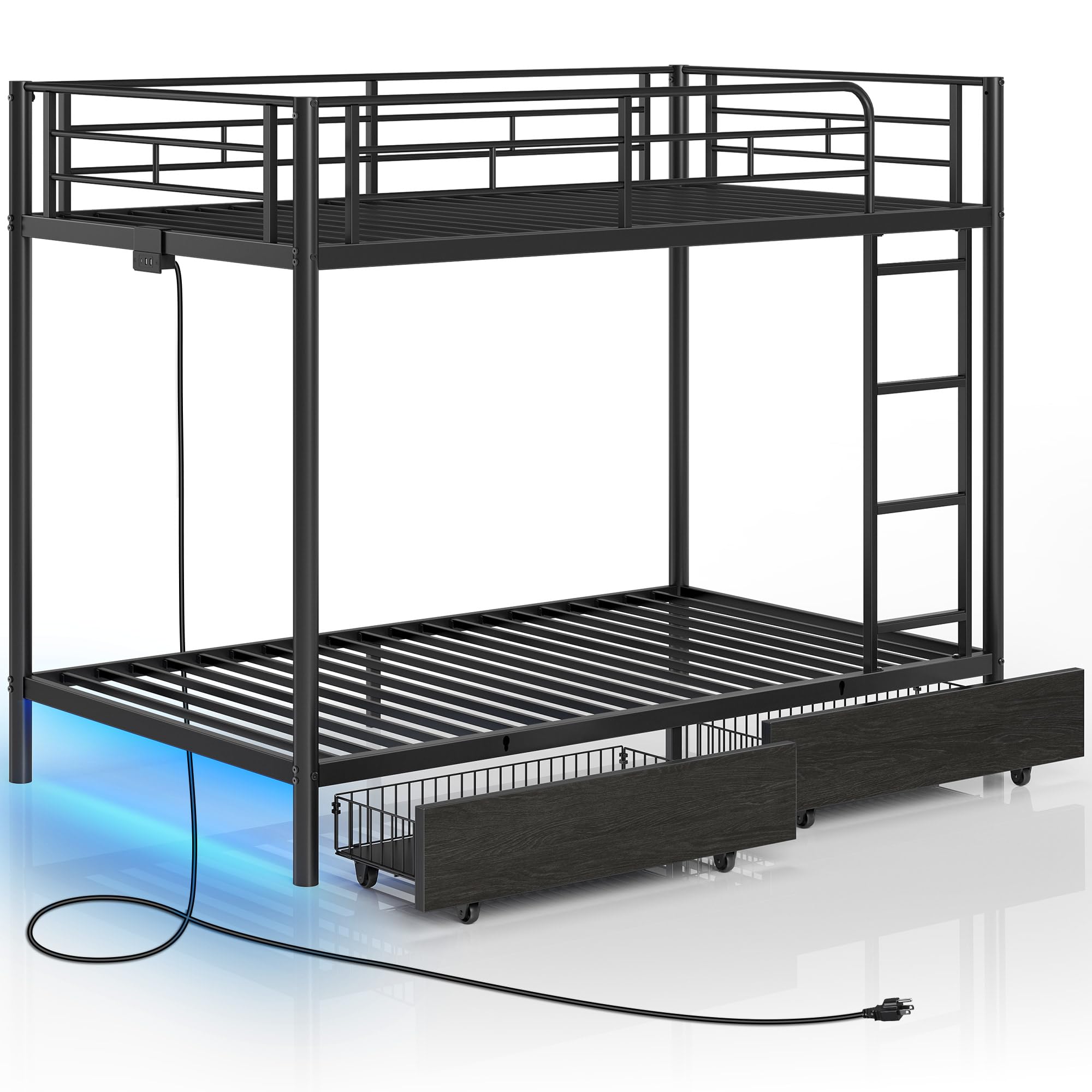 Metal Bunk Bed Twin Over Twin with USB Charging Station, LED Bunk Bed