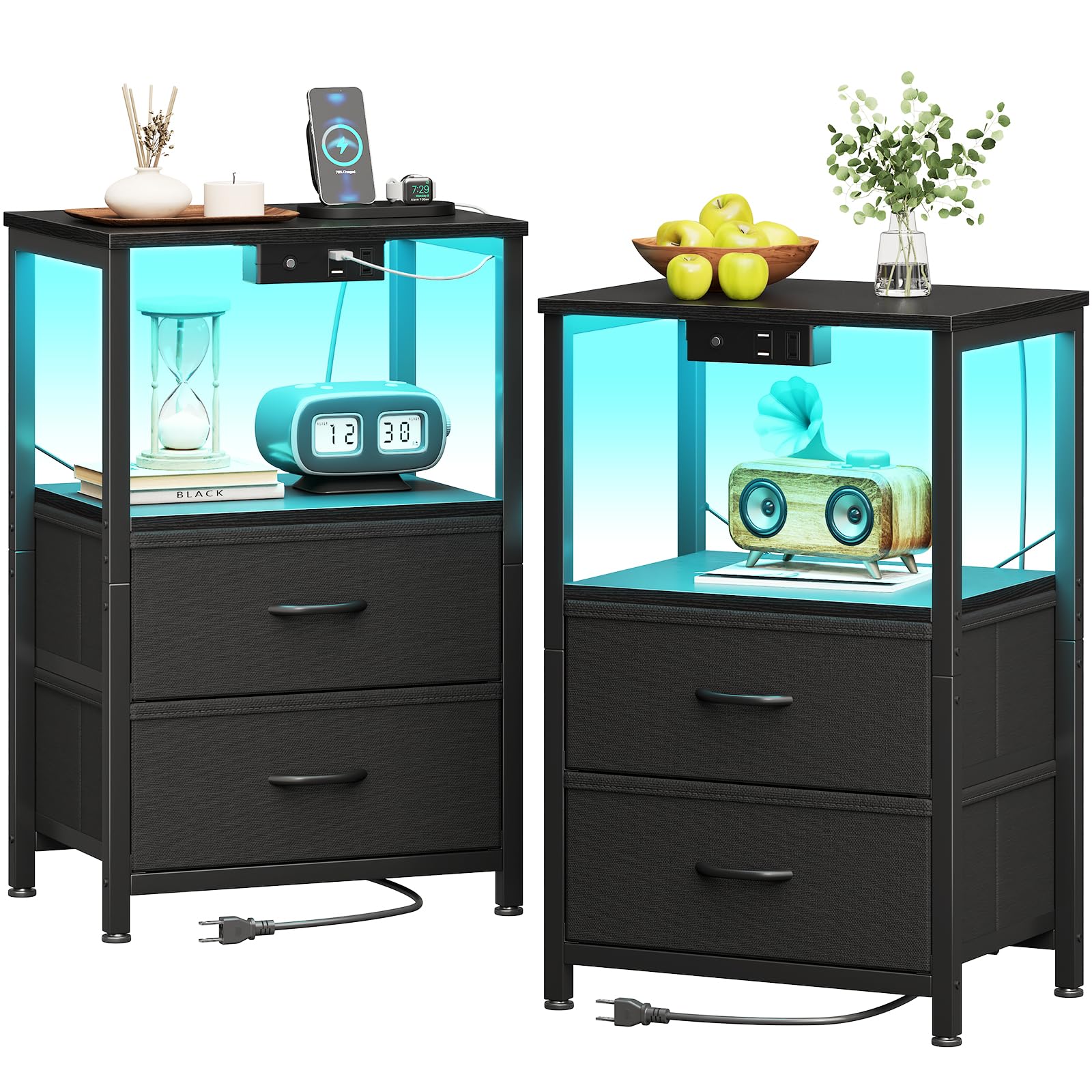 Nightstand Set of 2 with Charger Station — USB Ports & Outlet, Bed SideTable
