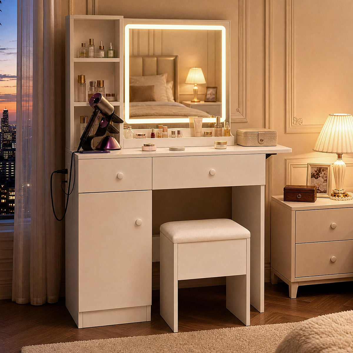 Vanity Desk Set with LED Mirror and Stool