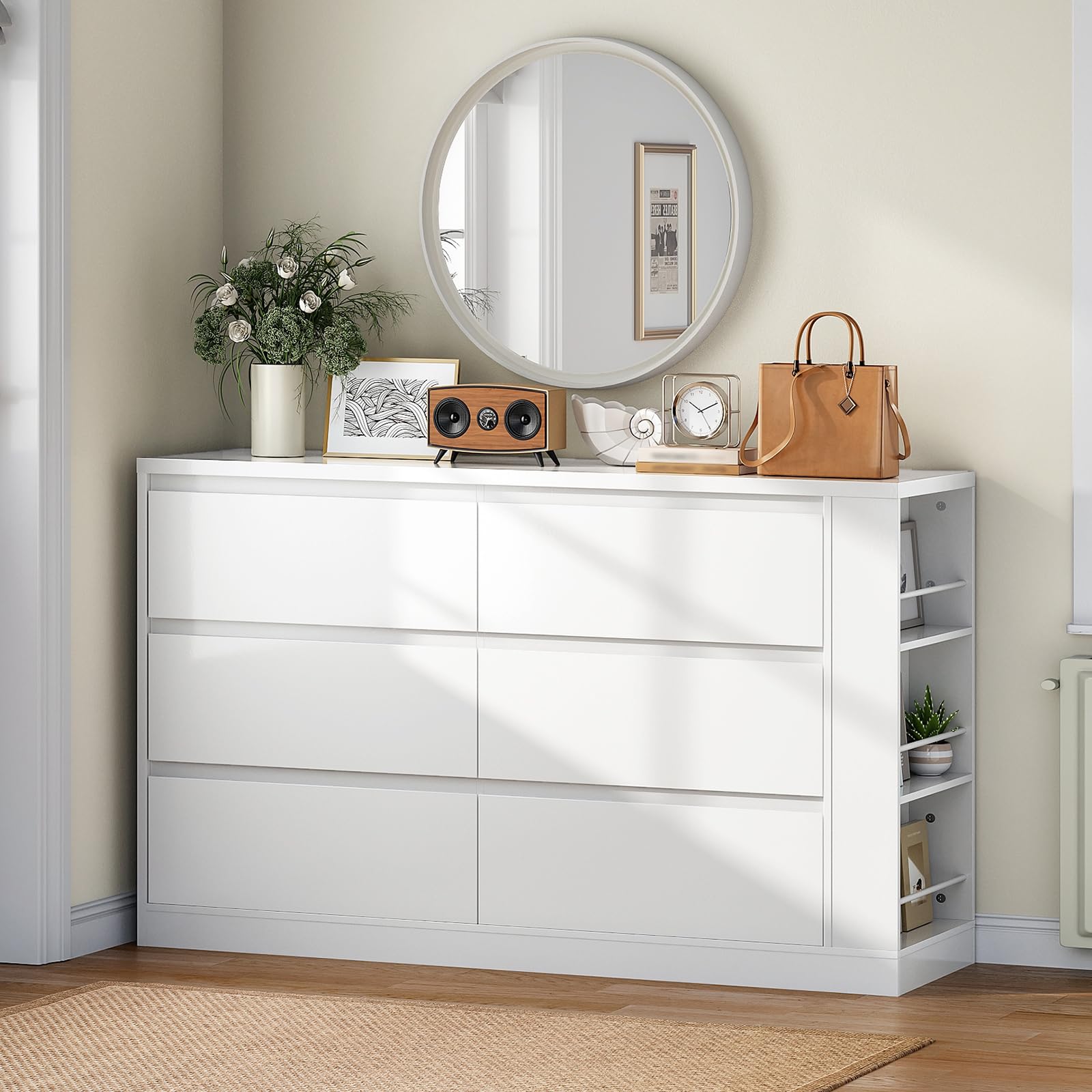 White 6 Drawer Dressers for Bedroom, Handless Double Dresser for Bedroom Wooden