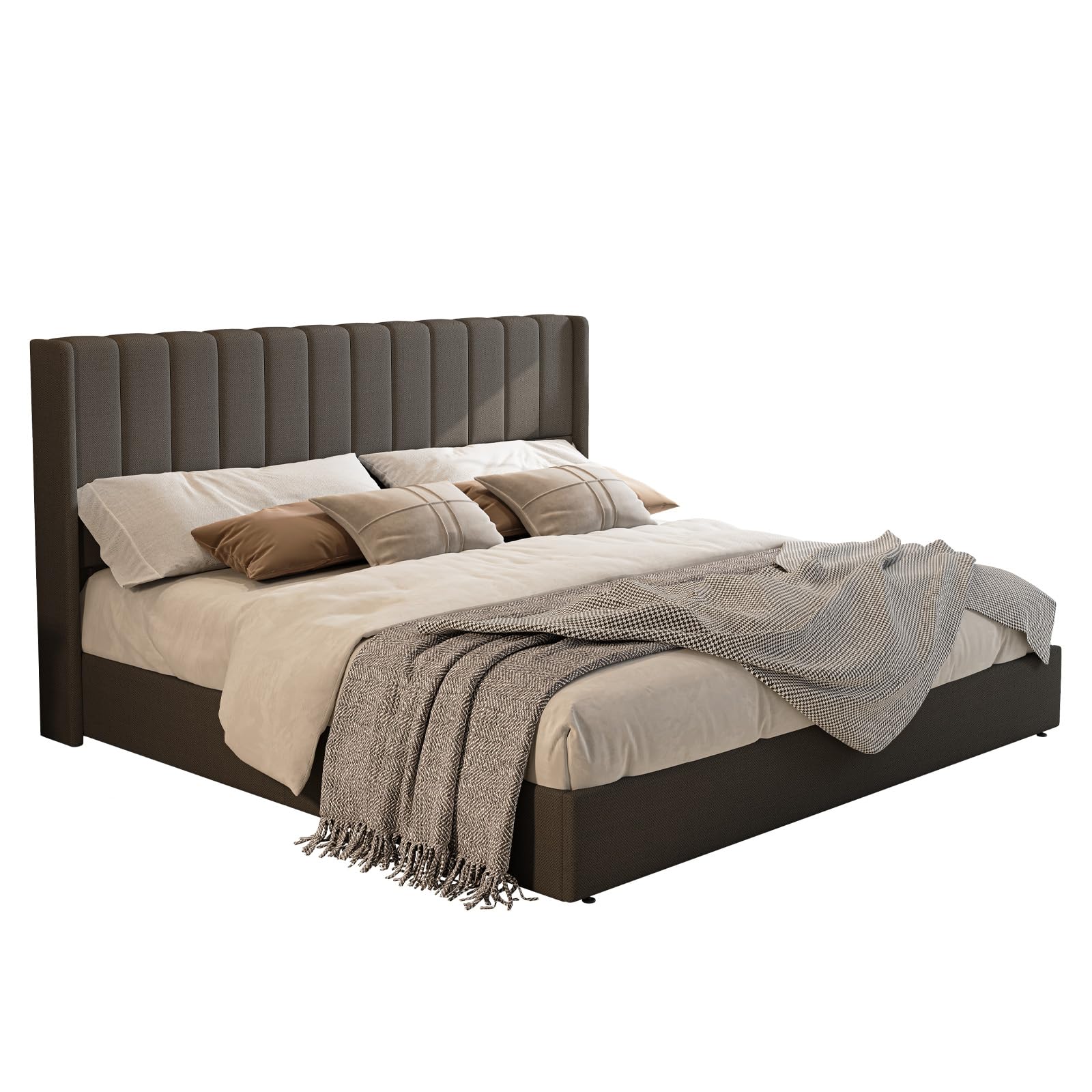 Jocisland King Size Lift Up Storage Bed Frame, Linen Upholstered Platform Bed with Vertical Channel Tufted Headboard and Wingback, Hydraulic System, No Box Spring Needed, Wood Slats Support, Dark Grey