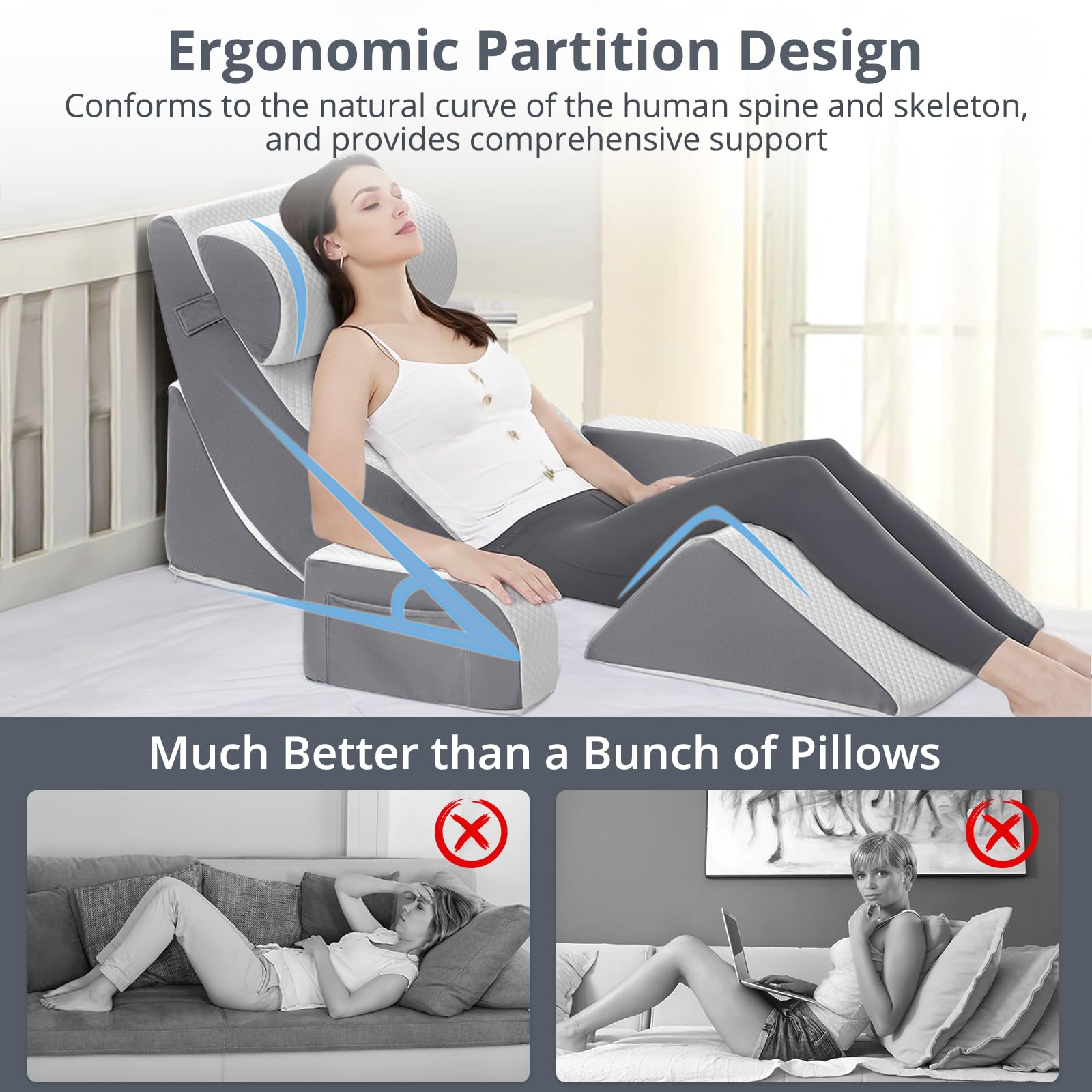 YEERSWAG Orthopedic Bed Wedge Pillow Set 6PCS, Memory Foam Support Pillow Set for Back, Arms, Legs, Adjustable Post Surgery Wedge Pillow Set for Bed Sitting Up, Sleeping, Pain Relief, Acid Reflux
