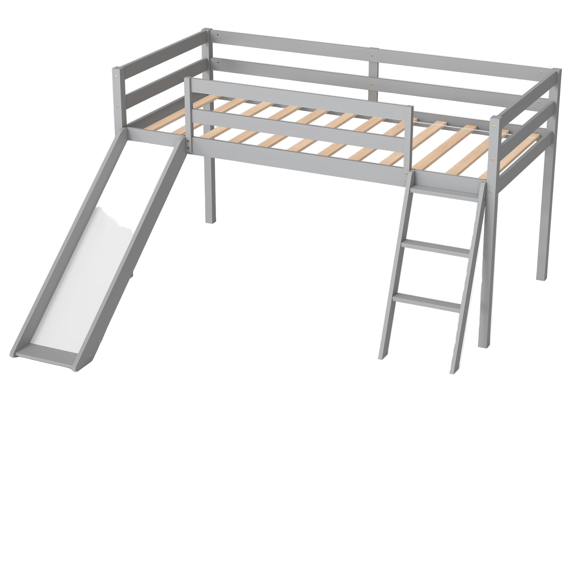 Wood Twin Loft Bed Frame with Climbing Ladder & Storage
