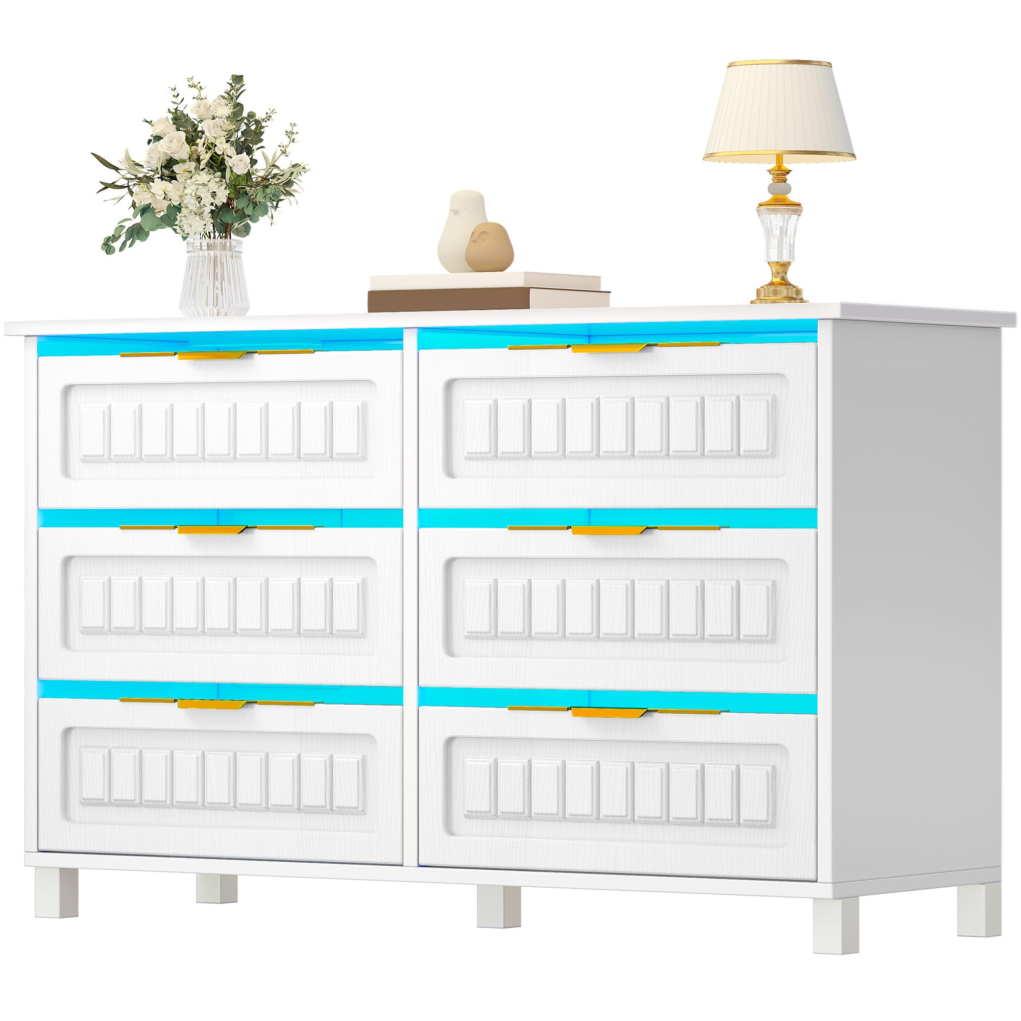 6-Drawer Dresser, White Wood Dresser with Charging Station and LED RGB Light