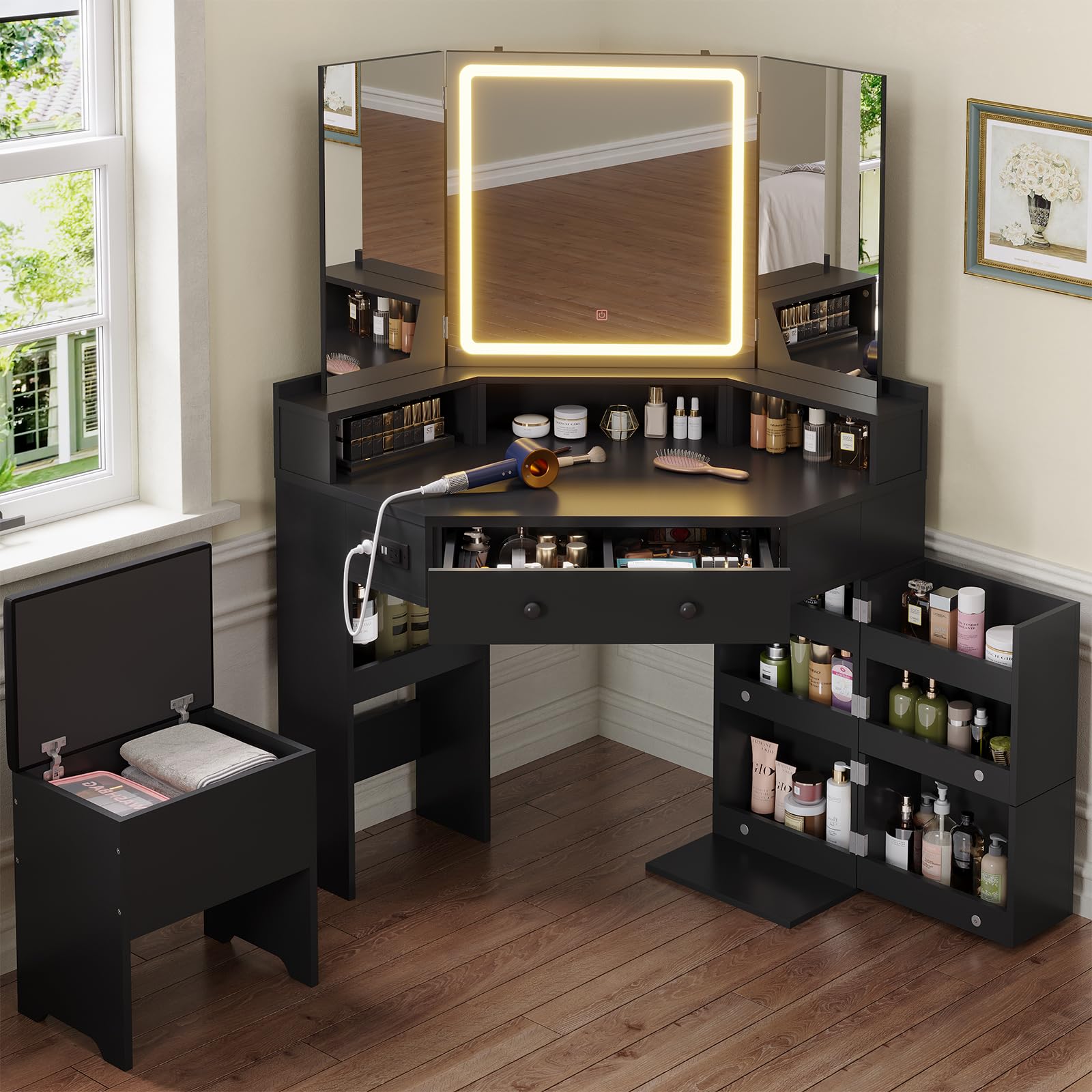 Vanity with Mirror and Lights, Power Outlet & Rotating Shelves, Makeup Vanities